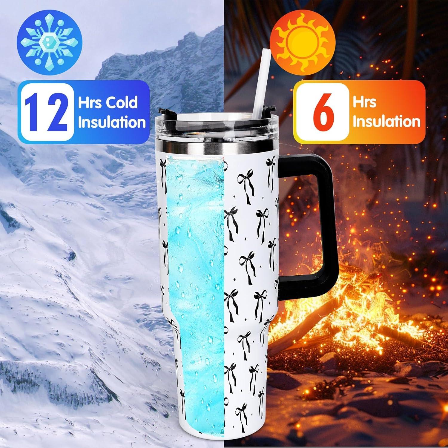 imageWhaline 40oz Halloween Skull Tumbler with Straw and Lid Spooky Skull Flower Travel Coffee Tumbler Cup with Handle for Trick or Treat Birthday Party Giftsblack bow