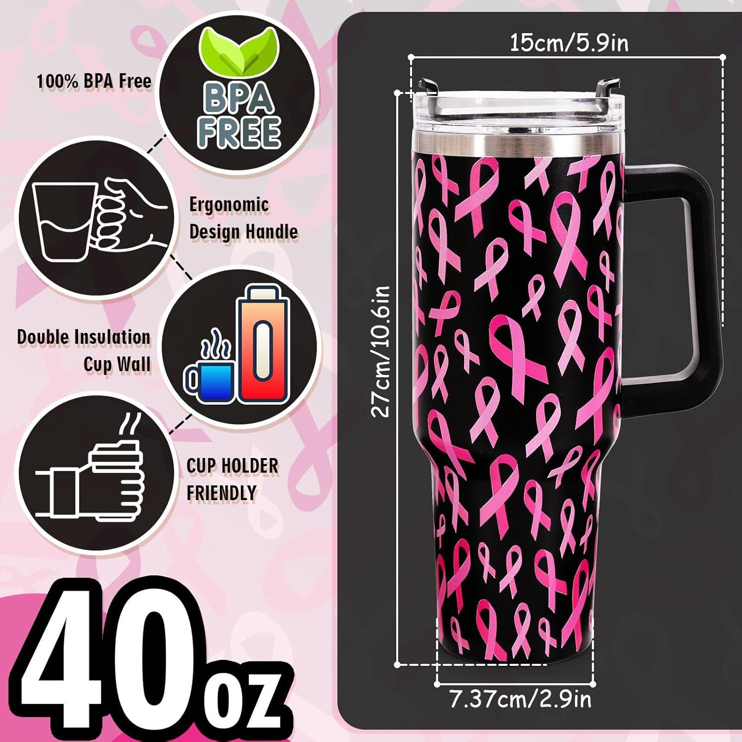 imageWhaline 40oz Halloween Skull Tumbler with Straw and Lid Spooky Skull Flower Travel Coffee Tumbler Cup with Handle for Trick or Treat Birthday Party GiftsBreast Cancer Awareness