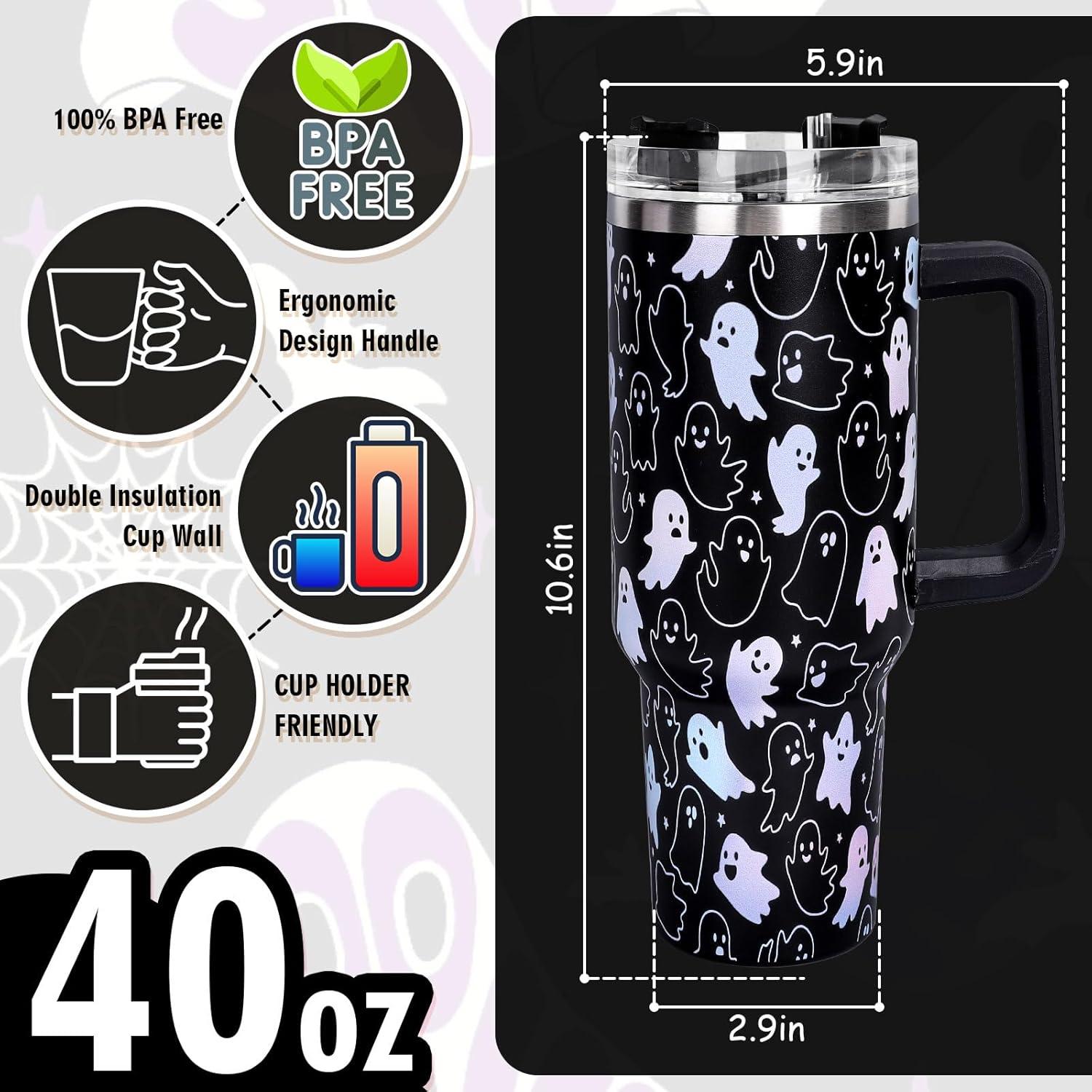 imageWhaline 40oz Halloween Skull Tumbler with Straw and Lid Spooky Skull Flower Travel Coffee Tumbler Cup with Handle for Trick or Treat Birthday Party Giftslaser ghost