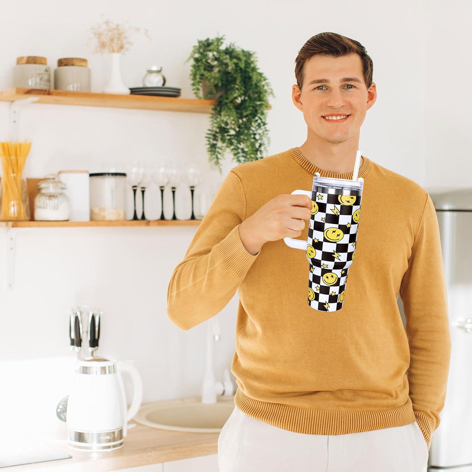 imageWhaline 40oz Halloween Skull Tumbler with Straw and Lid Spooky Skull Flower Travel Coffee Tumbler Cup with Handle for Trick or Treat Birthday Party Giftsone happy dude