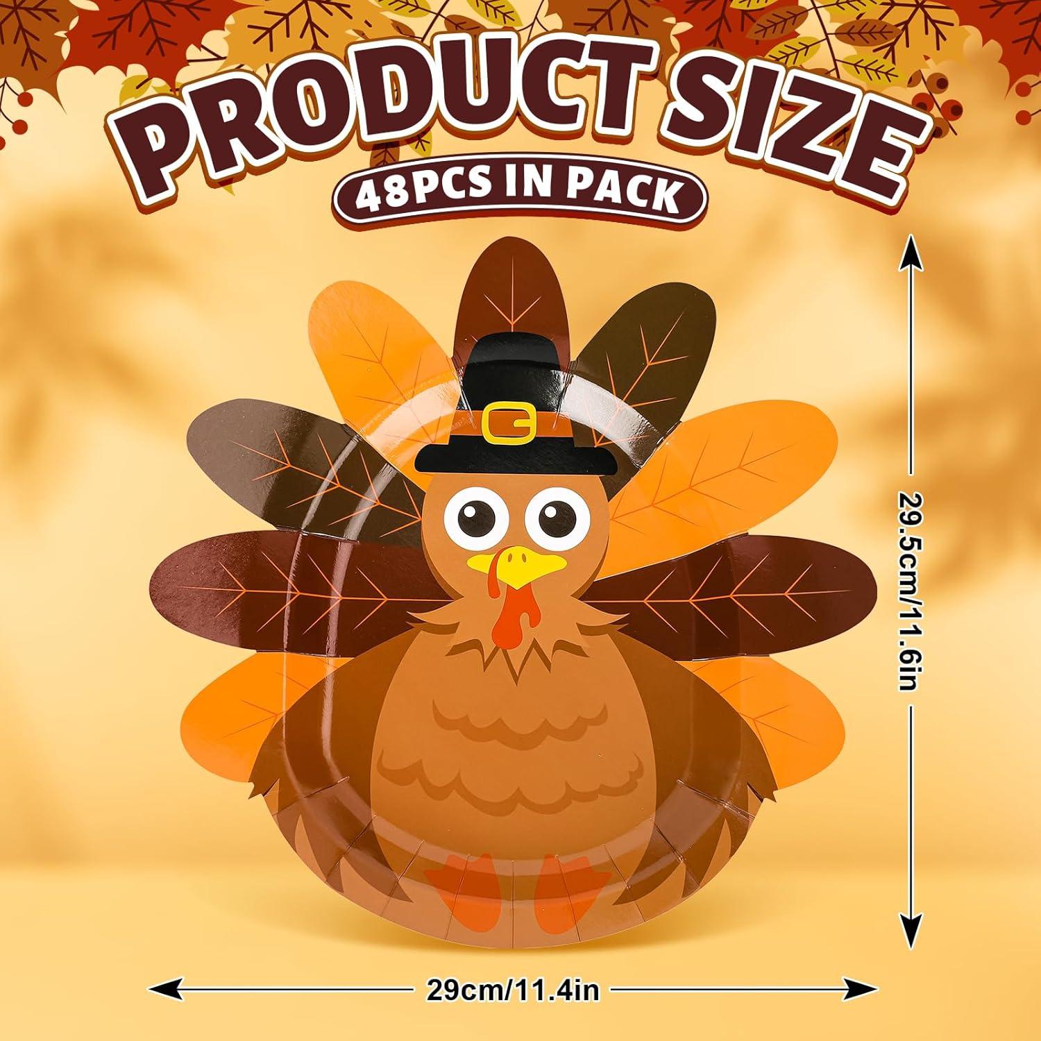 imageWhaline 48Pcs Thanksgiving Paper Plates Turkey Shaped Disposable Decorative Tableware for Fall Party Supplies Autumn Holiday Catering Events 114 x 116 Inch