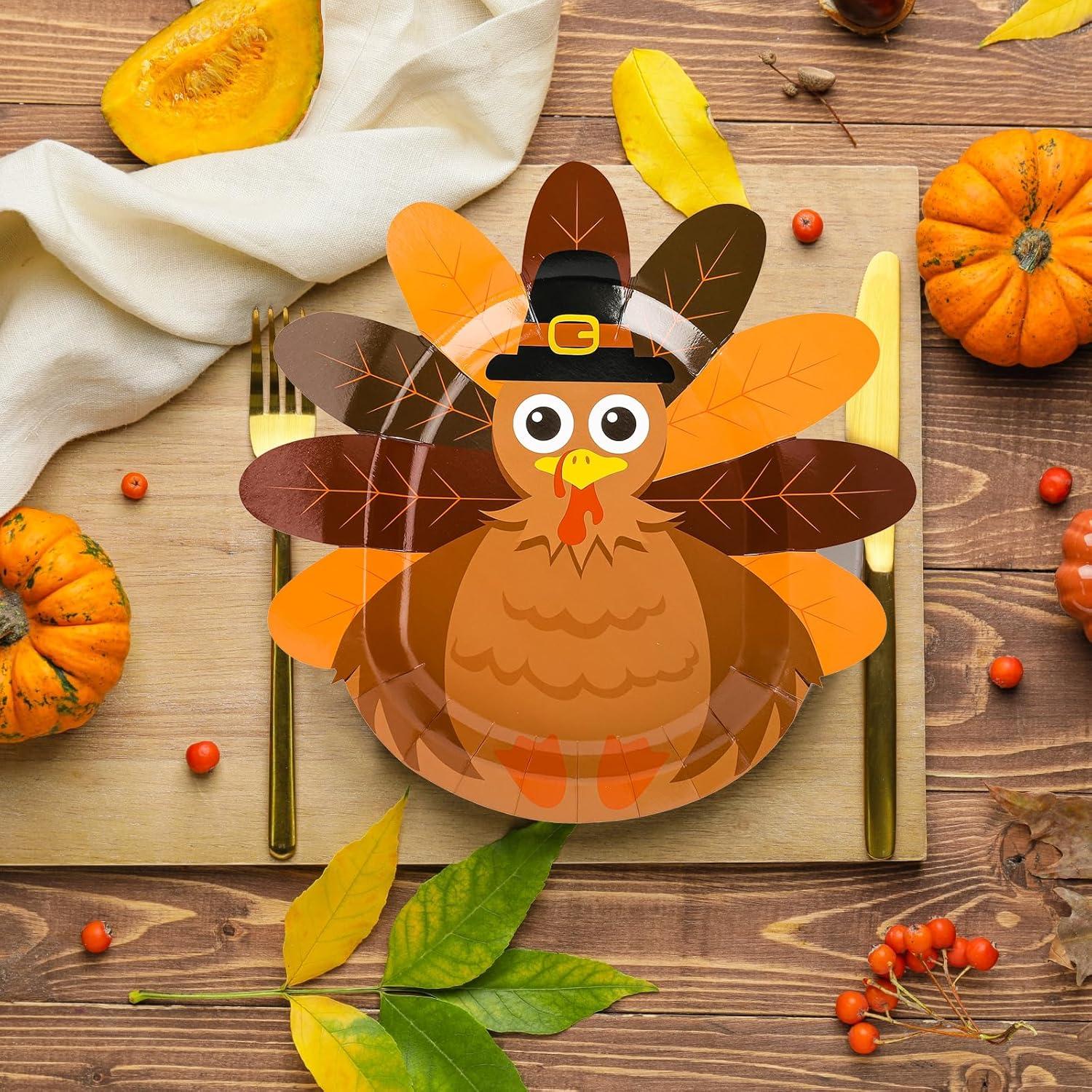 imageWhaline 48Pcs Thanksgiving Paper Plates Turkey Shaped Disposable Decorative Tableware for Fall Party Supplies Autumn Holiday Catering Events 114 x 116 Inch