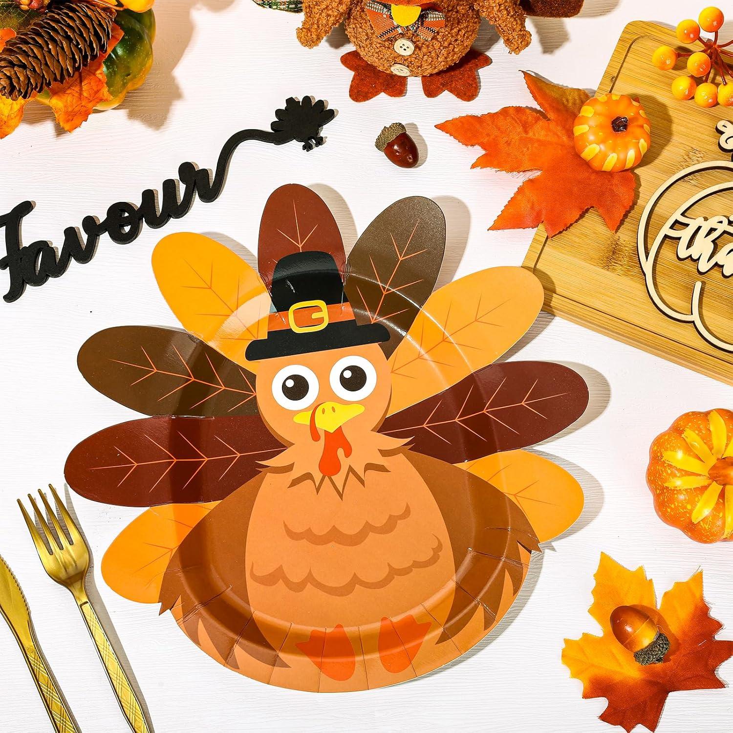 imageWhaline 48Pcs Thanksgiving Paper Plates Turkey Shaped Disposable Decorative Tableware for Fall Party Supplies Autumn Holiday Catering Events 114 x 116 Inch