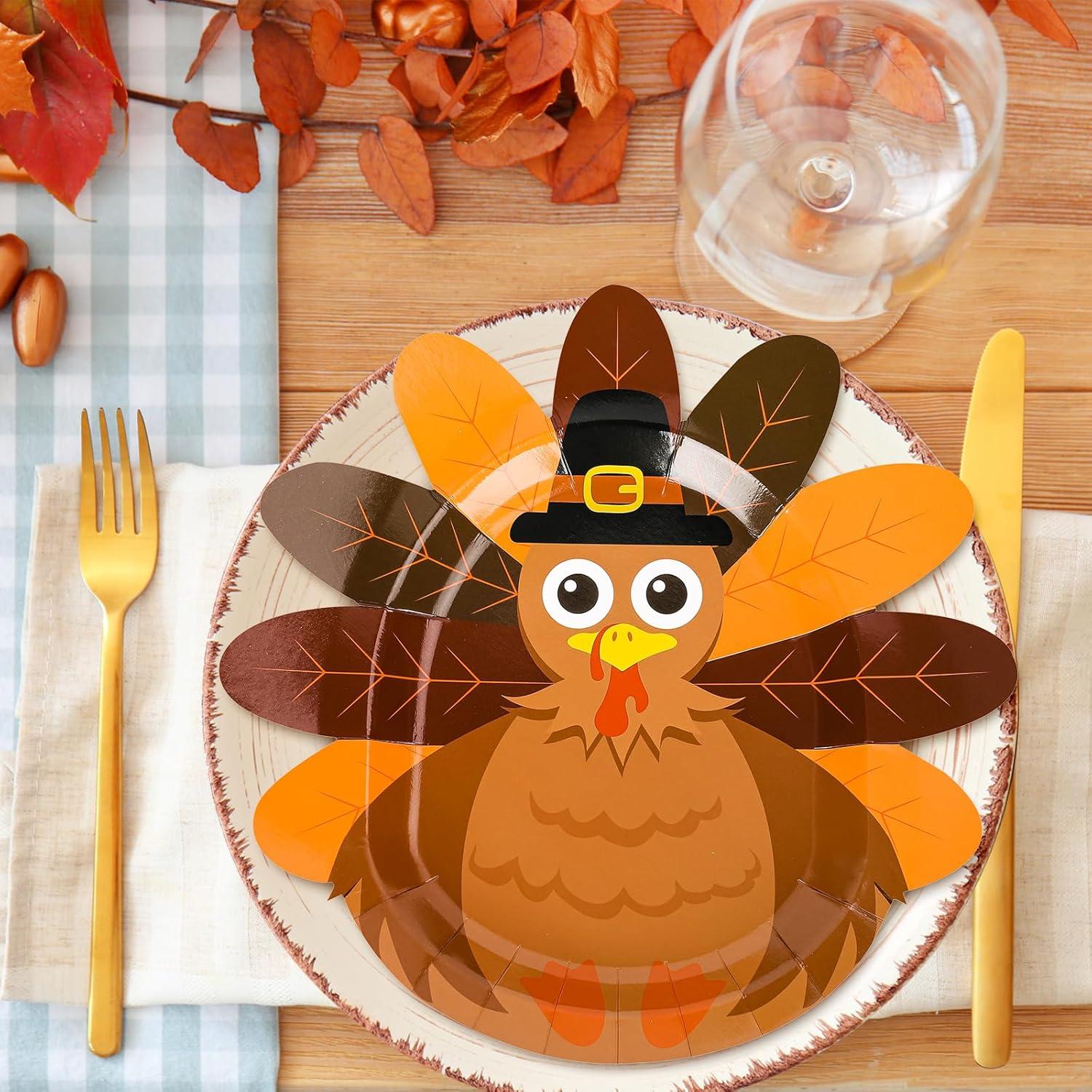 imageWhaline 48Pcs Thanksgiving Paper Plates Turkey Shaped Disposable Decorative Tableware for Fall Party Supplies Autumn Holiday Catering Events 114 x 116 Inch