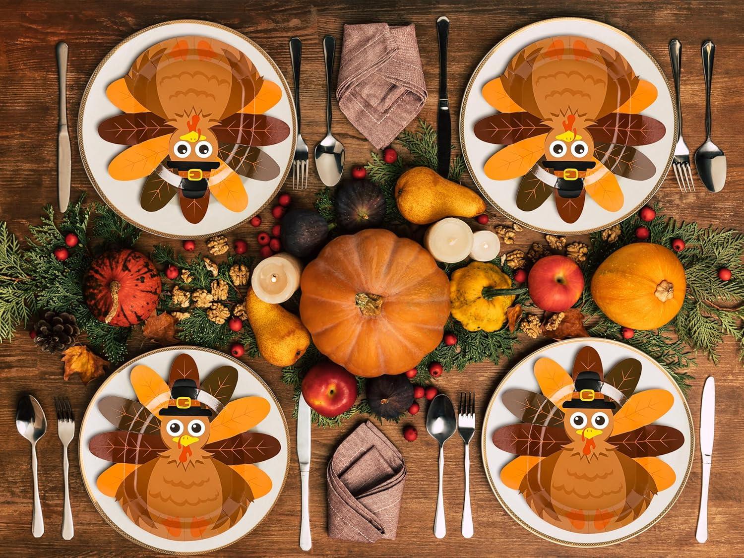 imageWhaline 48Pcs Thanksgiving Paper Plates Turkey Shaped Disposable Decorative Tableware for Fall Party Supplies Autumn Holiday Catering Events 114 x 116 Inch