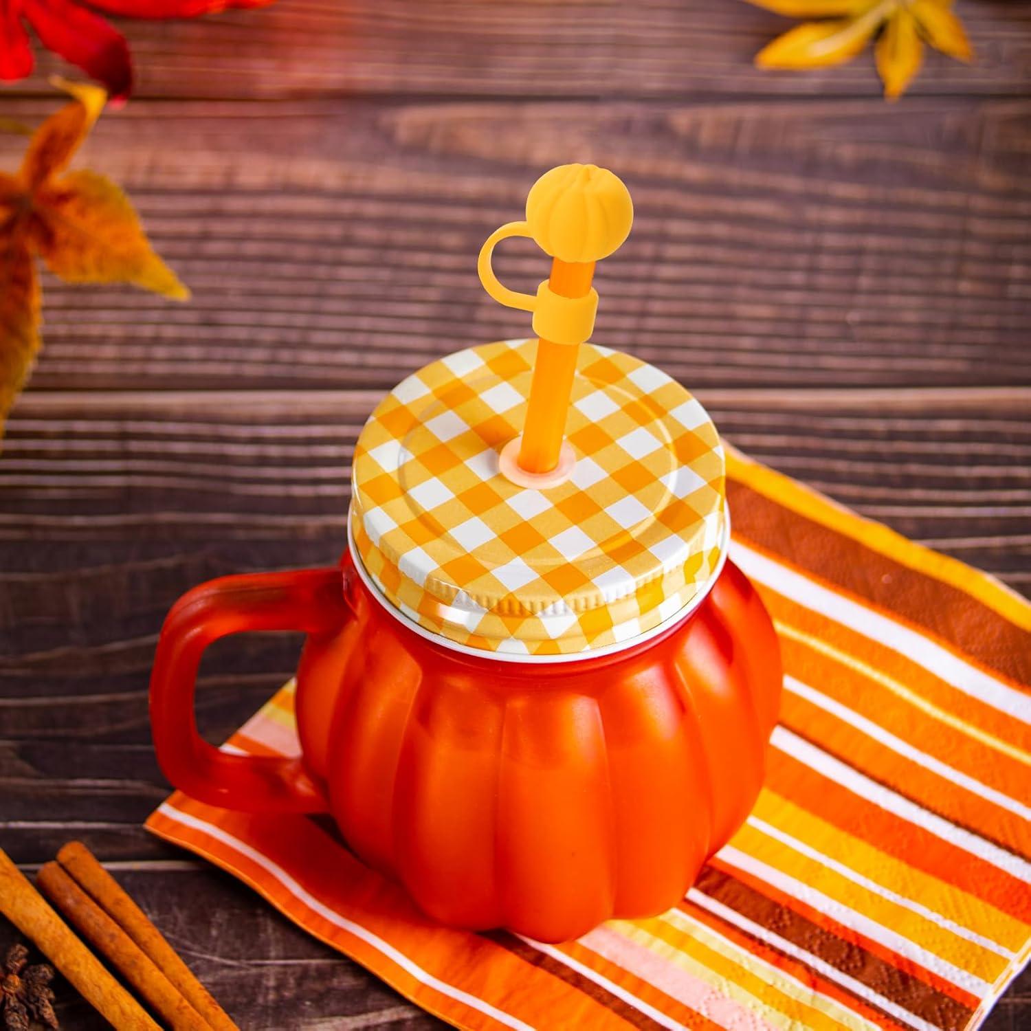 imageWhaline 4Pcs Fall Straw Cover Cap Pink Yellow Green Blue Pumpkin Reusable Silicone Straw Topper Autumn Thanksgiving 10 mm04 Inch Straws Lid Protector for 3040 Oz Tumbler CupPink Yellow Green Blue