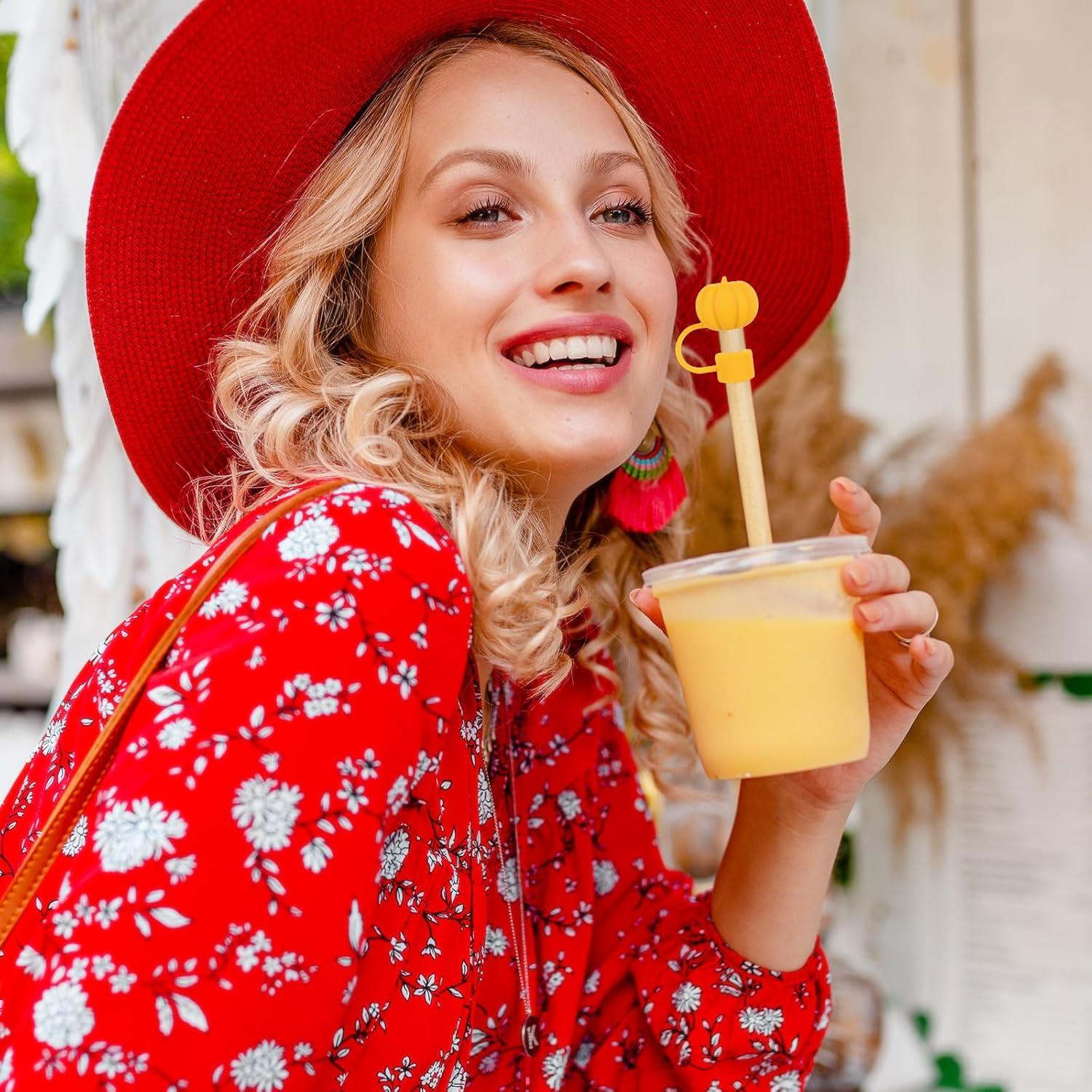 imageWhaline 4Pcs Fall Straw Cover Cap Pink Yellow Green Blue Pumpkin Reusable Silicone Straw Topper Autumn Thanksgiving 10 mm04 Inch Straws Lid Protector for 3040 Oz Tumbler CupYellow Orange Brown Red