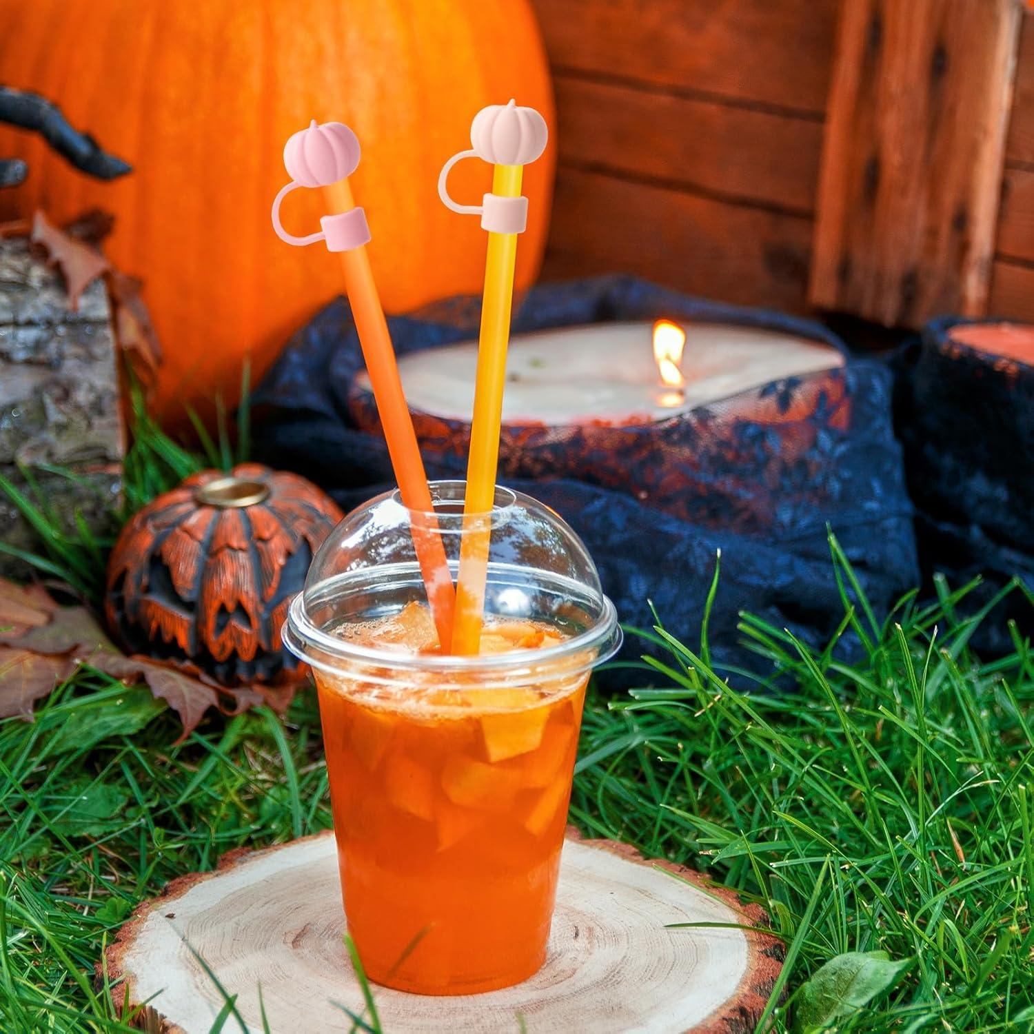 imageWhaline 4Pcs Fall Straw Cover Cap Pink Yellow Green Blue Pumpkin Reusable Silicone Straw Topper Autumn Thanksgiving 10 mm04 Inch Straws Lid Protector for 3040 Oz Tumbler CupOrange Pink