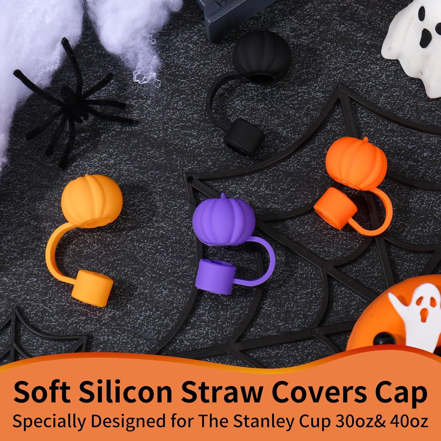 imageWhaline 4Pcs Fall Straw Cover Cap Pink Yellow Green Blue Pumpkin Reusable Silicone Straw Topper Autumn Thanksgiving 10 mm04 Inch Straws Lid Protector for 3040 Oz Tumbler CupOrange Yellow Purple Black