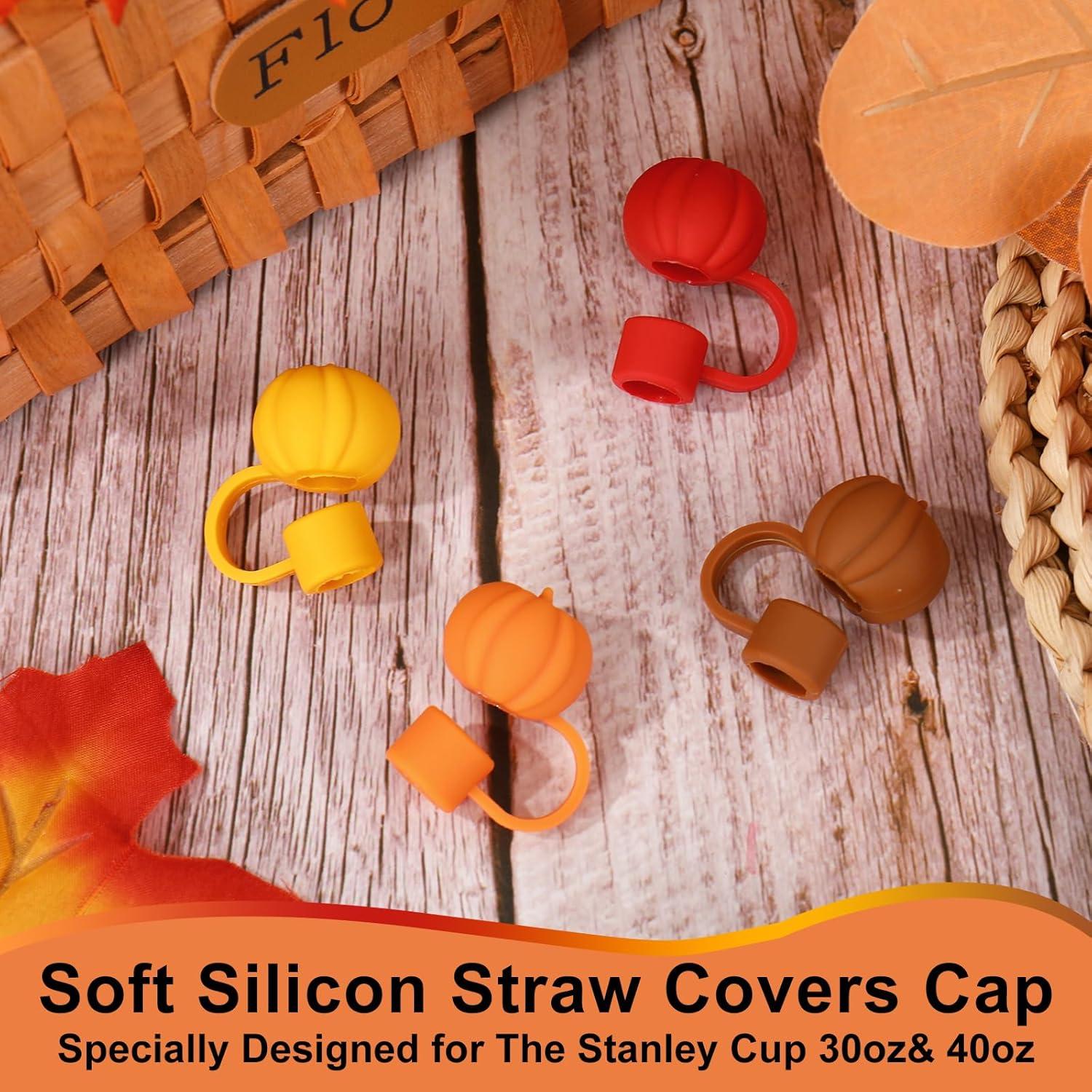 imageWhaline 4Pcs Fall Straw Cover Cap Pink Yellow Green Blue Pumpkin Reusable Silicone Straw Topper Autumn Thanksgiving 10 mm04 Inch Straws Lid Protector for 3040 Oz Tumbler CupYellow Orange Brown Red