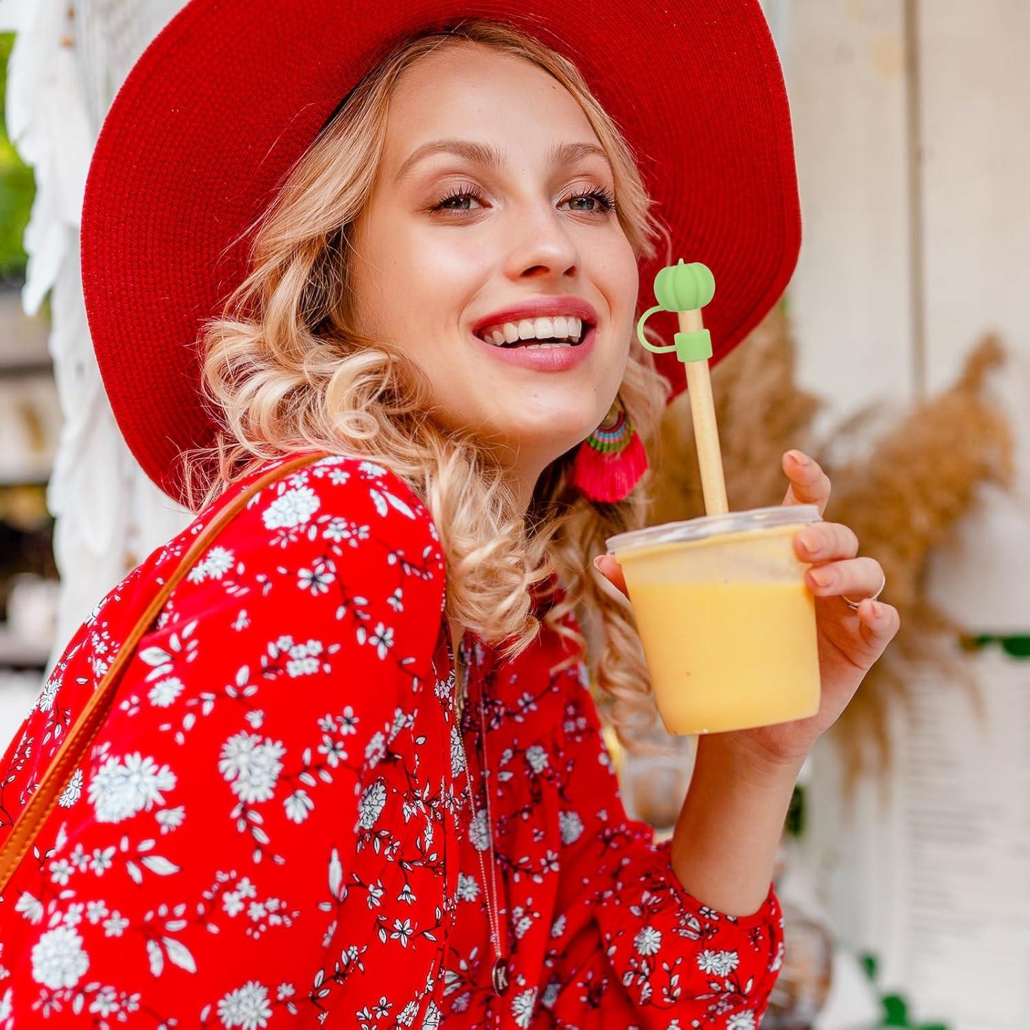 imageWhaline 4Pcs Fall Straw Cover Cap Pink Yellow Green Blue Pumpkin Reusable Silicone Straw Topper Autumn Thanksgiving 10 mm04 Inch Straws Lid Protector for 3040 Oz Tumbler CupPink Yellow Green Blue