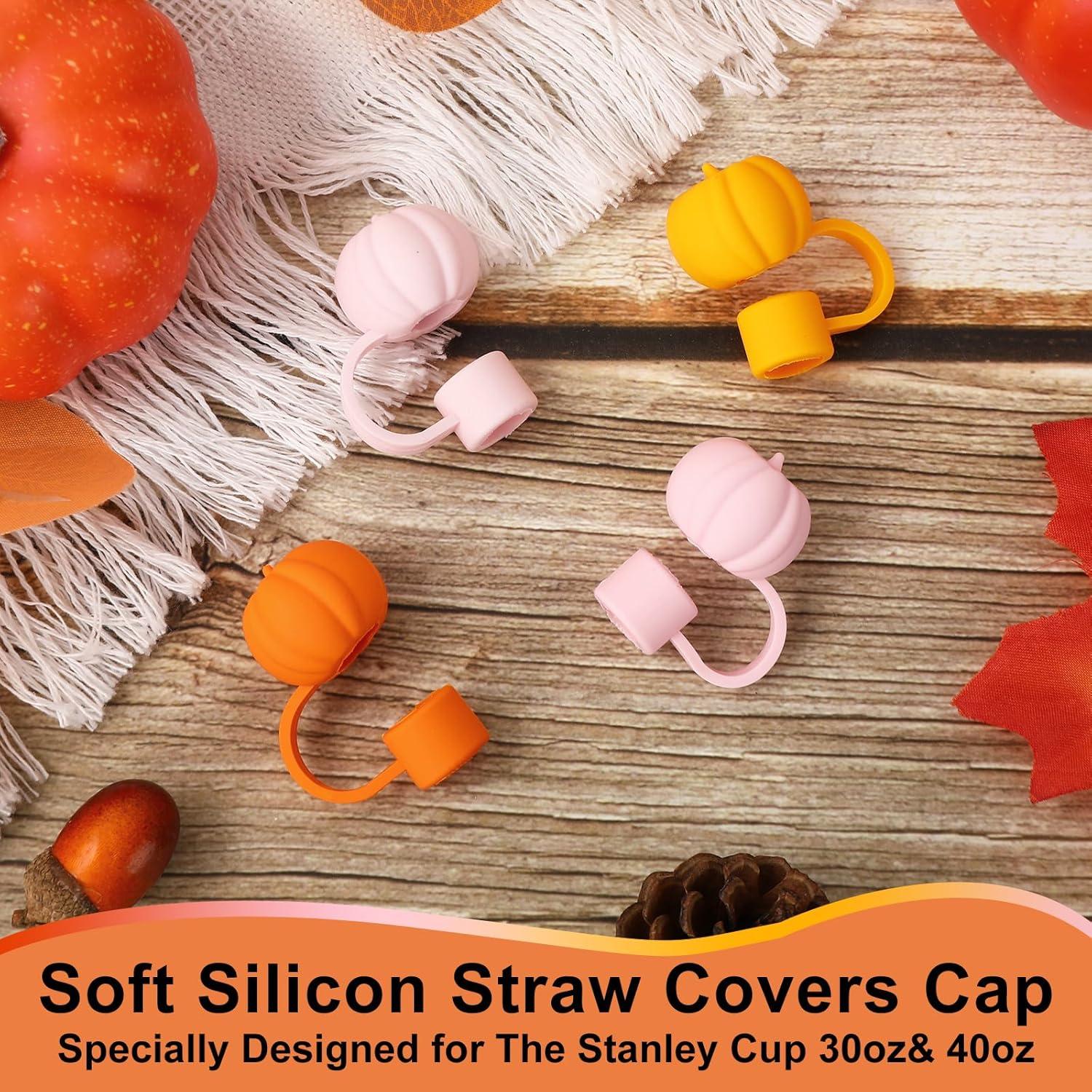 imageWhaline 4Pcs Fall Straw Cover Cap Pink Yellow Green Blue Pumpkin Reusable Silicone Straw Topper Autumn Thanksgiving 10 mm04 Inch Straws Lid Protector for 3040 Oz Tumbler CupOrange Pink