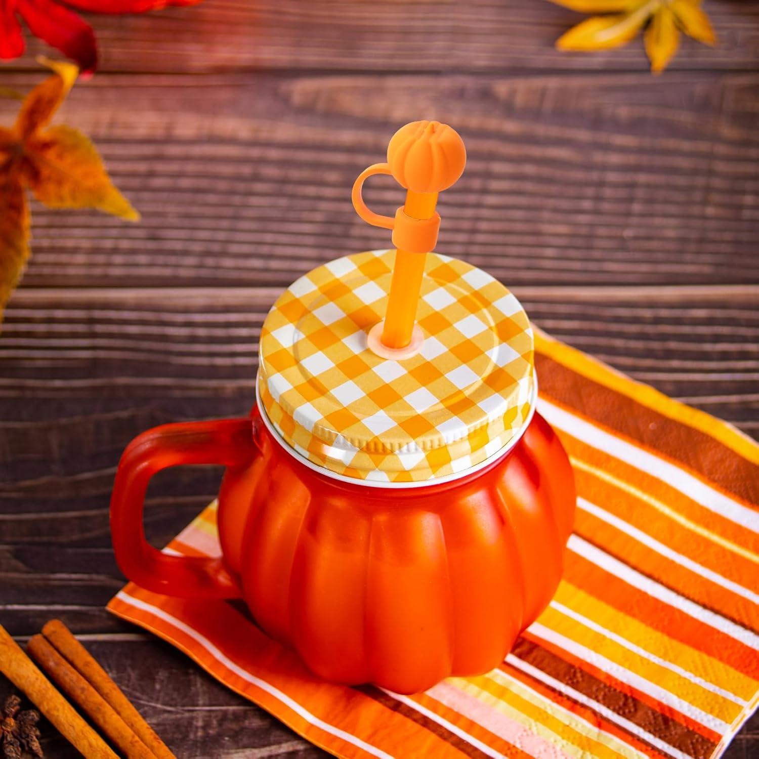 imageWhaline 4Pcs Fall Straw Cover Cap Pink Yellow Green Blue Pumpkin Reusable Silicone Straw Topper Autumn Thanksgiving 10 mm04 Inch Straws Lid Protector for 3040 Oz Tumbler CupYellow Orange Brown Red