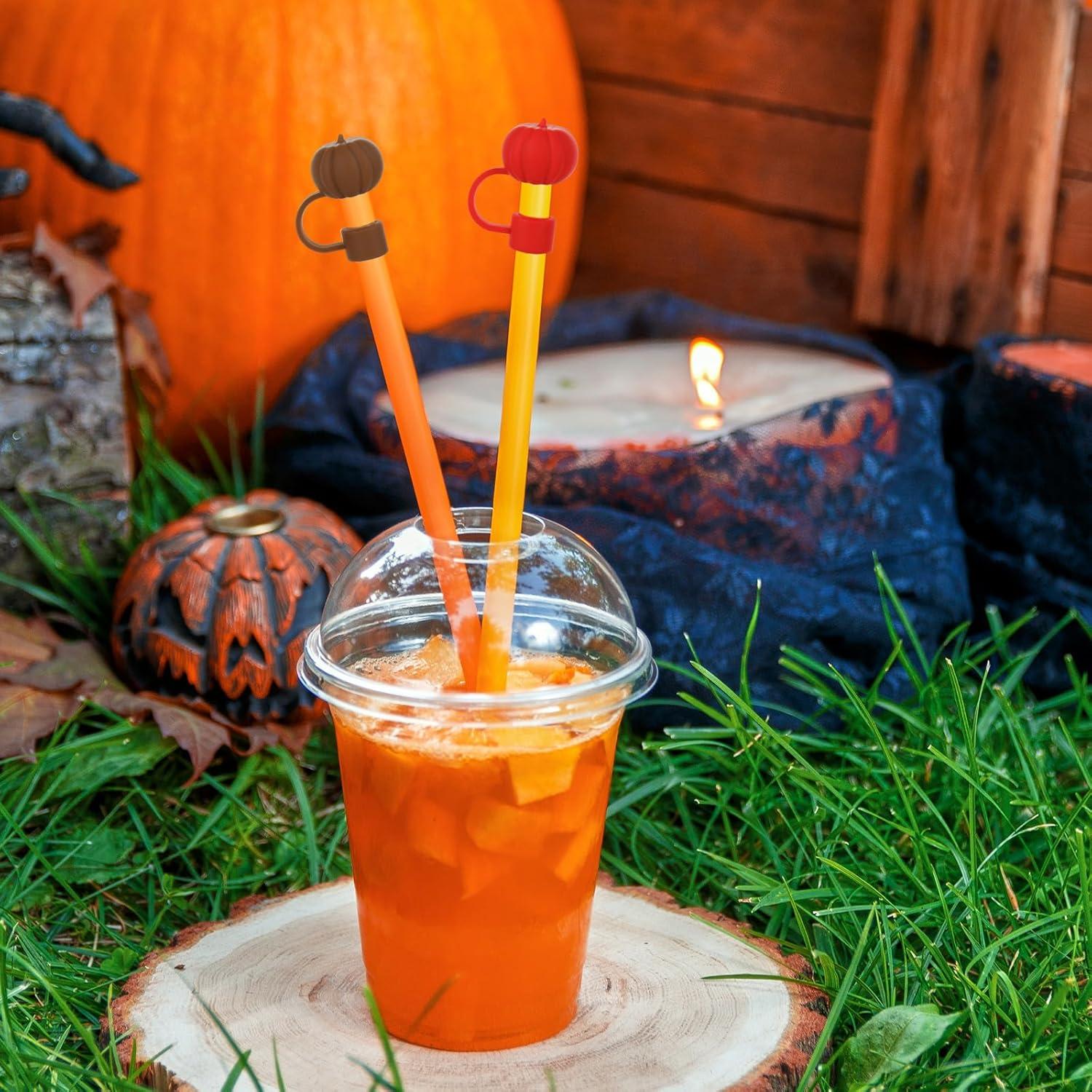 imageWhaline 4Pcs Fall Straw Cover Cap Pink Yellow Green Blue Pumpkin Reusable Silicone Straw Topper Autumn Thanksgiving 10 mm04 Inch Straws Lid Protector for 3040 Oz Tumbler CupYellow Orange Brown Red