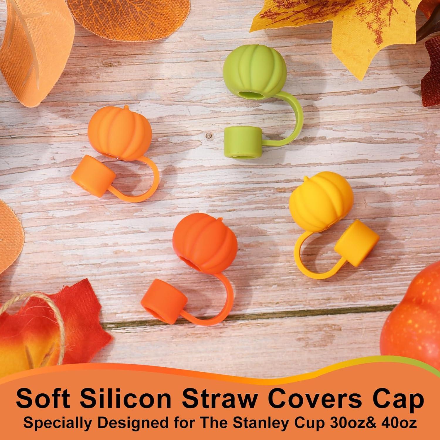 imageWhaline 4Pcs Fall Straw Cover Cap Pink Yellow Green Blue Pumpkin Reusable Silicone Straw Topper Autumn Thanksgiving 10 mm04 Inch Straws Lid Protector for 3040 Oz Tumbler CupOrange Green Yellow