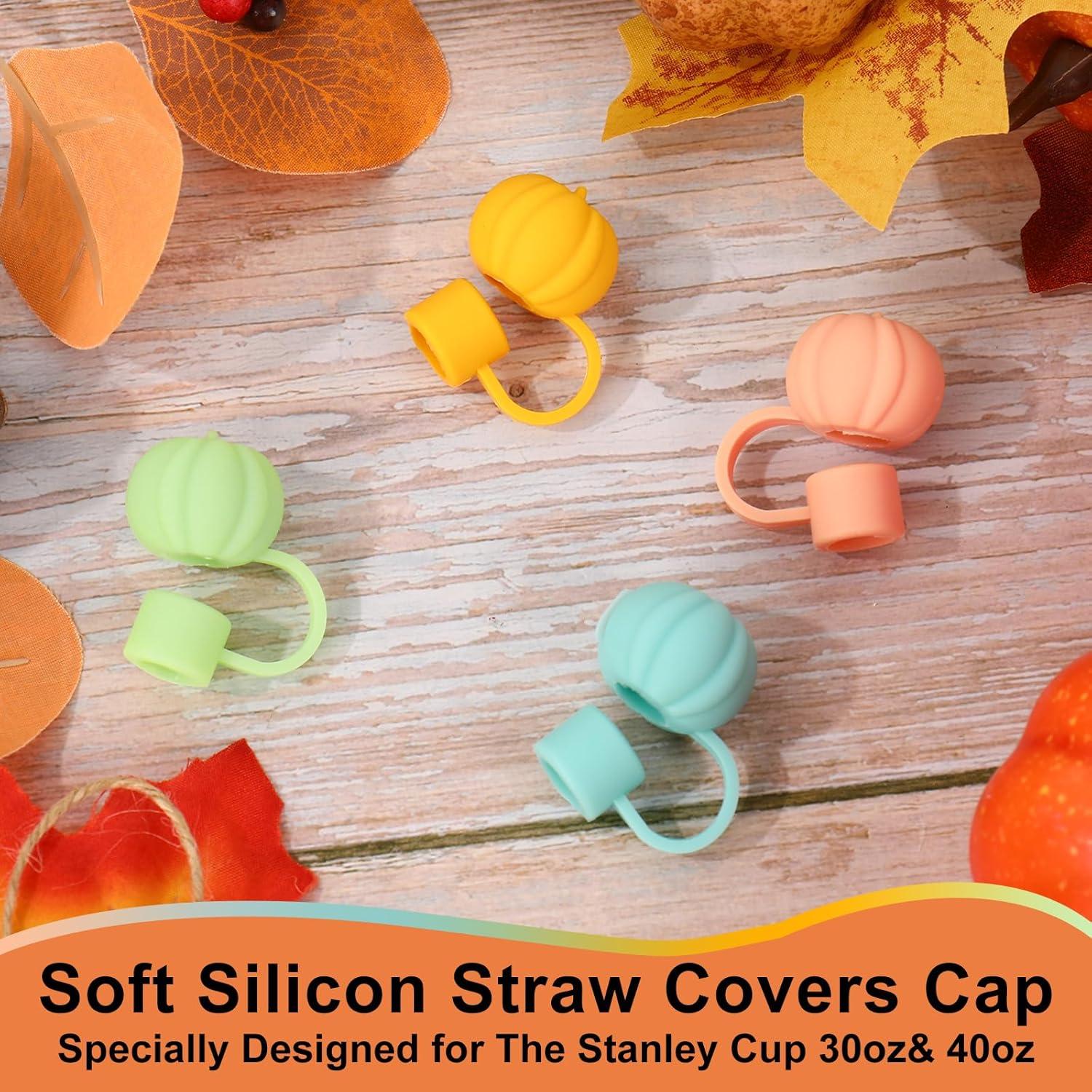 imageWhaline 4Pcs Fall Straw Cover Cap Pink Yellow Green Blue Pumpkin Reusable Silicone Straw Topper Autumn Thanksgiving 10 mm04 Inch Straws Lid Protector for 3040 Oz Tumbler CupPink Yellow Green Blue