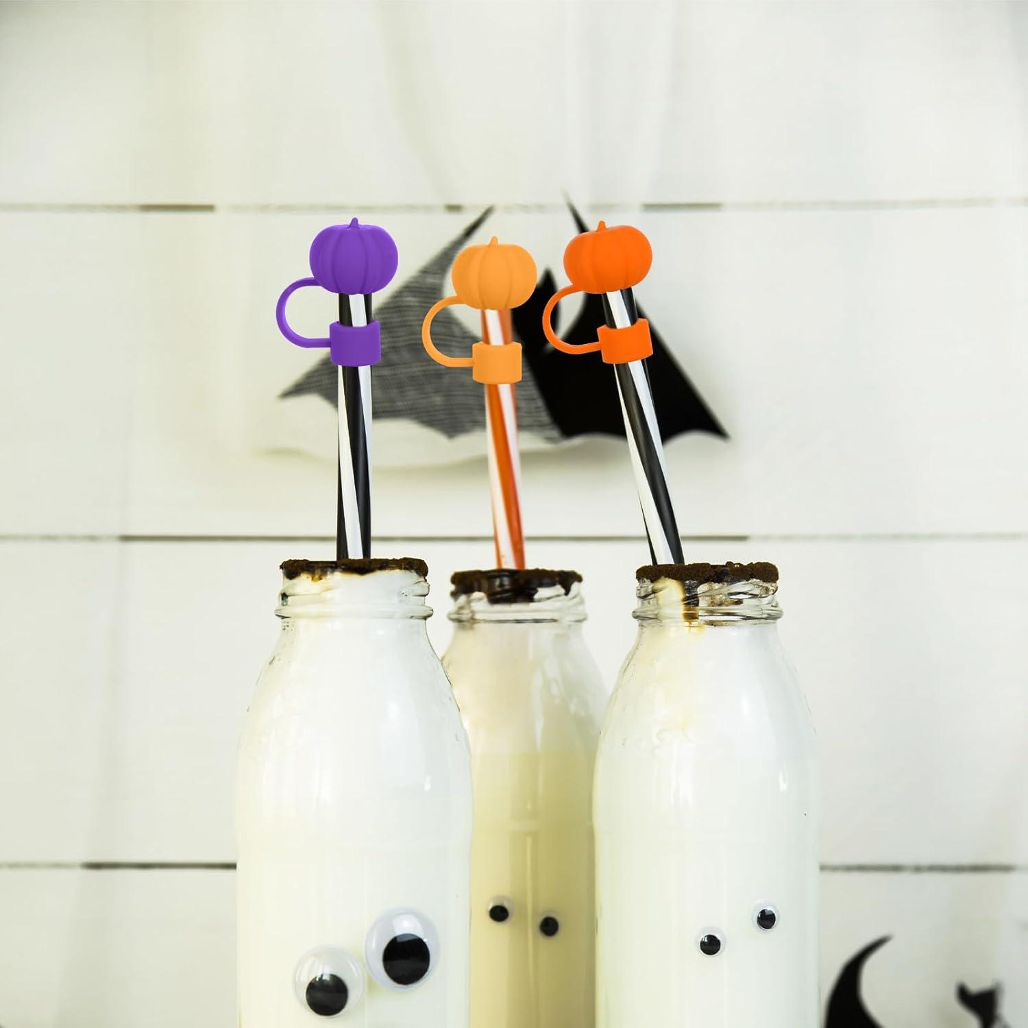 imageWhaline 4Pcs Fall Straw Cover Cap Pink Yellow Green Blue Pumpkin Reusable Silicone Straw Topper Autumn Thanksgiving 10 mm04 Inch Straws Lid Protector for 3040 Oz Tumbler CupOrange Yellow Purple Black