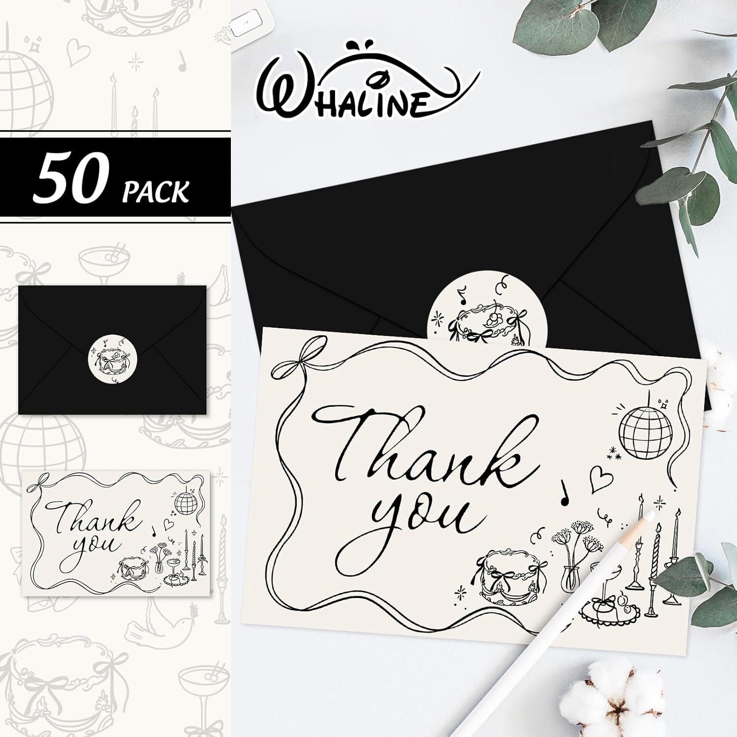 imageWhaline 50 Pack Boho Floral Thank You Cards Boxed Retro Flower Note Cards with Envelopes Stickers Fall Blank Card for Thanksgiving Bridal Shower Baby Shower Wedding Supplies 4 x 6 InchBow Cake