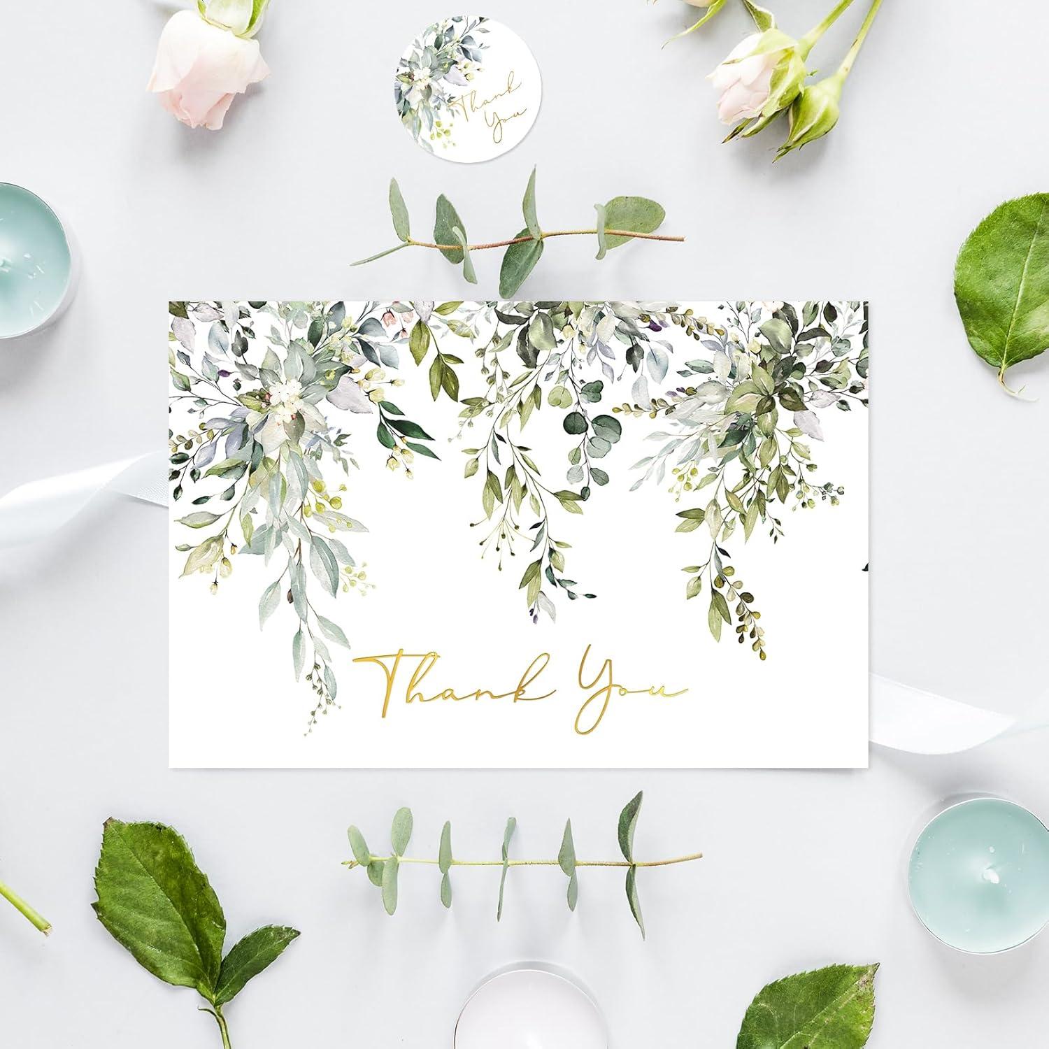 imageWhaline 50 Pack Boho Floral Thank You Cards Boxed Retro Flower Note Cards with Envelopes Stickers Fall Blank Card for Thanksgiving Bridal Shower Baby Shower Wedding Supplies 4 x 6 InchGreenery