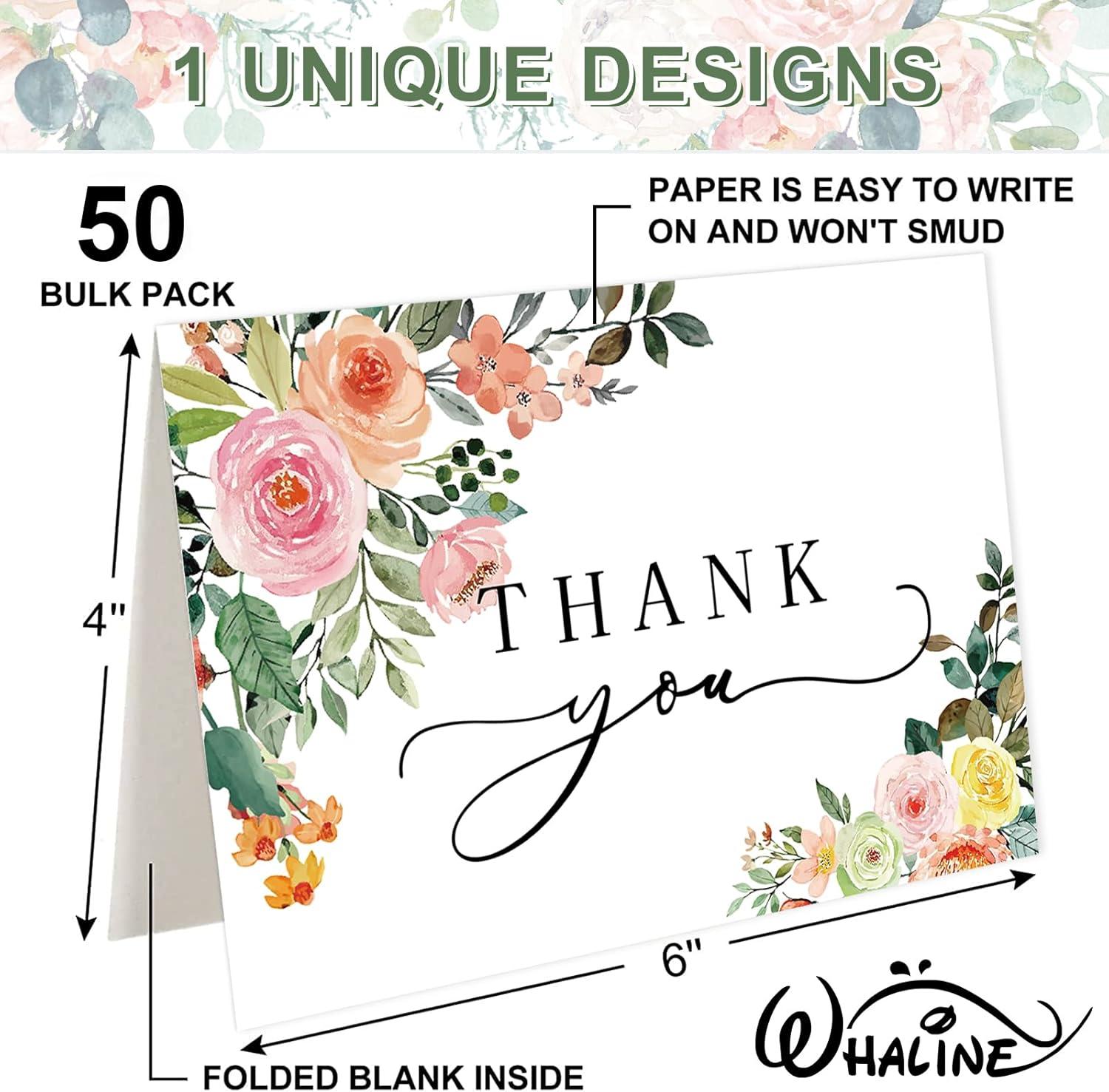 imageWhaline 50 Pack Boho Floral Thank You Cards Boxed Retro Flower Note Cards with Envelopes Stickers Fall Blank Card for Thanksgiving Bridal Shower Baby Shower Wedding Supplies 4 x 6 InchWatercolor Floral