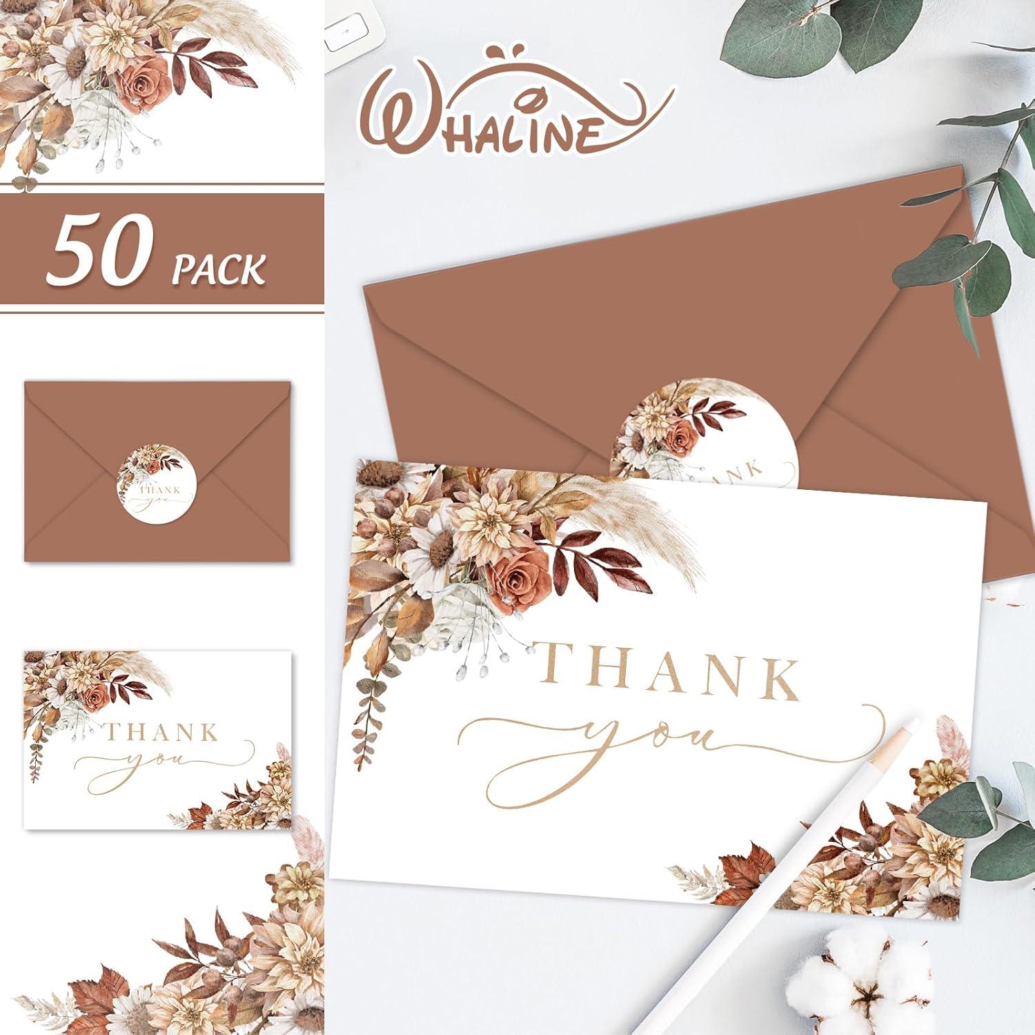 imageWhaline 50 Pack Boho Floral Thank You Cards Boxed Retro Flower Note Cards with Envelopes Stickers Fall Blank Card for Thanksgiving Bridal Shower Baby Shower Wedding Supplies 4 x 6 InchBoho Floral