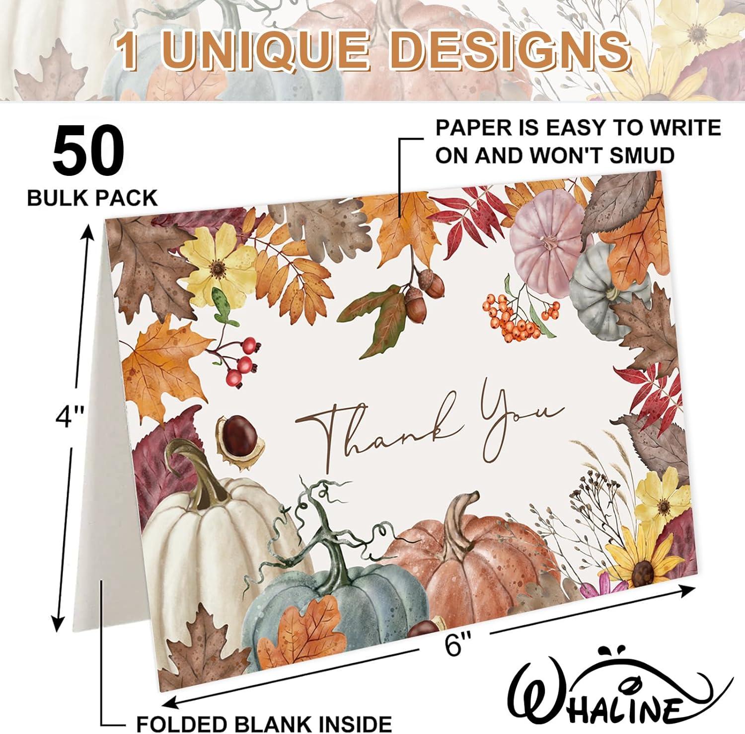 imageWhaline 50 Pack Boho Floral Thank You Cards Boxed Retro Flower Note Cards with Envelopes Stickers Fall Blank Card for Thanksgiving Bridal Shower Baby Shower Wedding Supplies 4 x 6 InchPumpkin Maple Leave