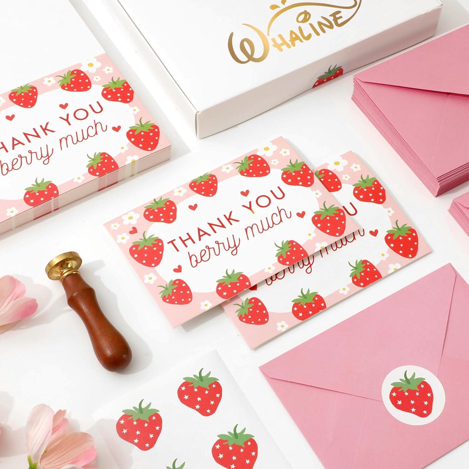 imageWhaline 50 Pack Boho Floral Thank You Cards Boxed Retro Flower Note Cards with Envelopes Stickers Fall Blank Card for Thanksgiving Bridal Shower Baby Shower Wedding Supplies 4 x 6 InchStrawberry