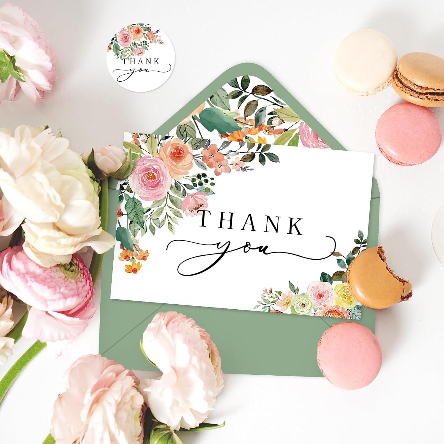 imageWhaline 50 Pack Boho Floral Thank You Cards Boxed Retro Flower Note Cards with Envelopes Stickers Fall Blank Card for Thanksgiving Bridal Shower Baby Shower Wedding Supplies 4 x 6 InchWatercolor Floral