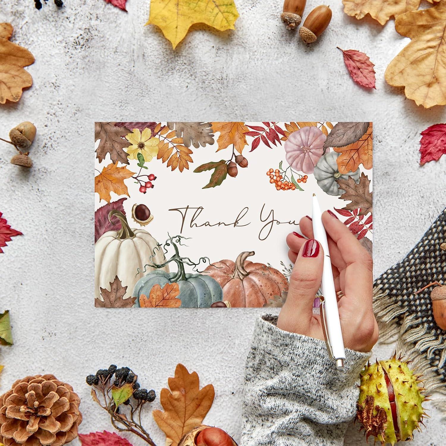 imageWhaline 50 Pack Boho Floral Thank You Cards Boxed Retro Flower Note Cards with Envelopes Stickers Fall Blank Card for Thanksgiving Bridal Shower Baby Shower Wedding Supplies 4 x 6 InchPumpkin Maple Leave