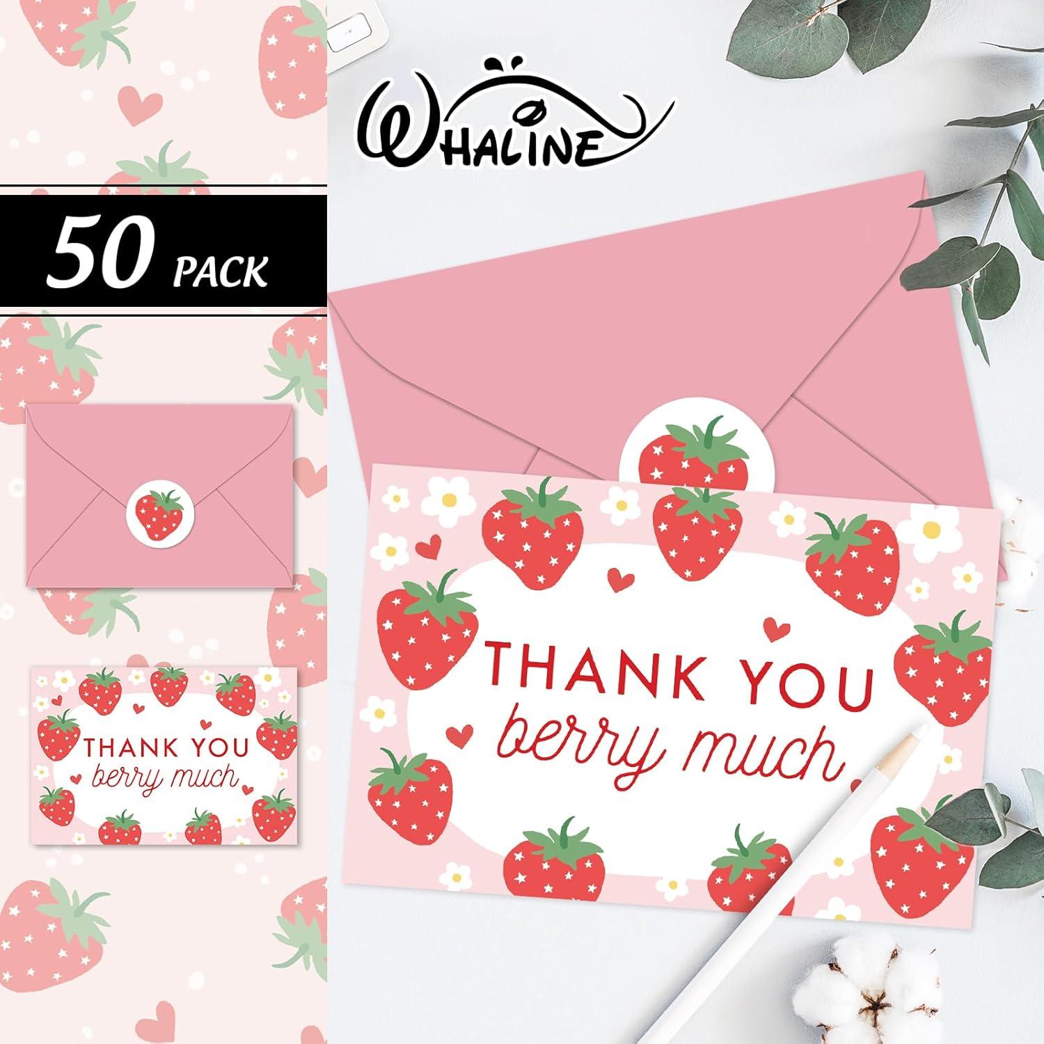 imageWhaline 50 Pack Boho Floral Thank You Cards Boxed Retro Flower Note Cards with Envelopes Stickers Fall Blank Card for Thanksgiving Bridal Shower Baby Shower Wedding Supplies 4 x 6 InchStrawberry