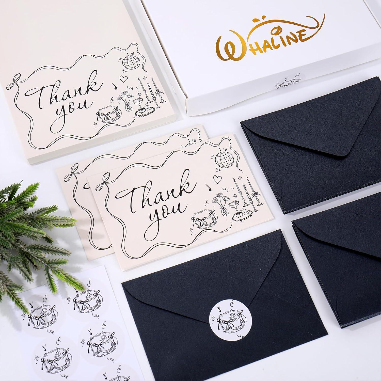 imageWhaline 50 Pack Boho Floral Thank You Cards Boxed Retro Flower Note Cards with Envelopes Stickers Fall Blank Card for Thanksgiving Bridal Shower Baby Shower Wedding Supplies 4 x 6 InchBow Cake