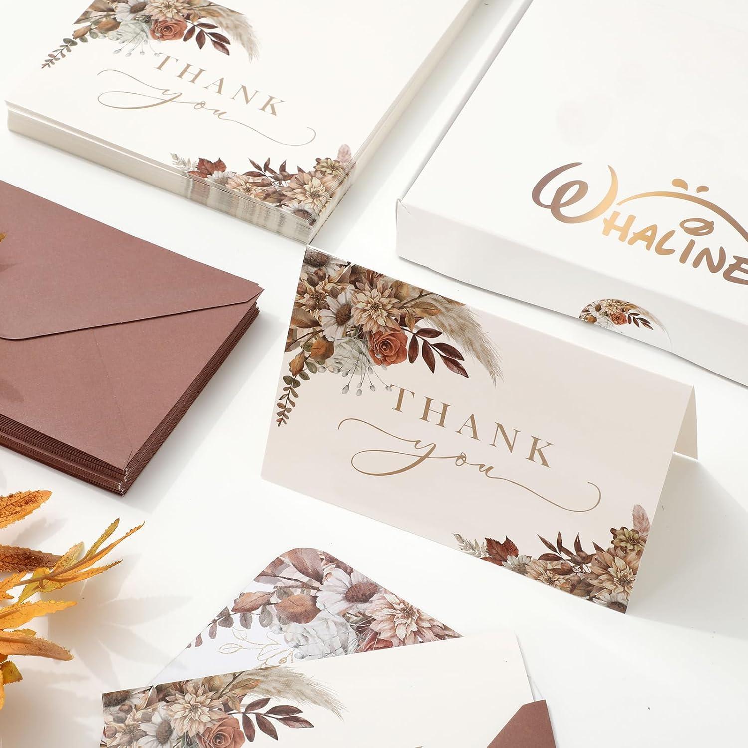 imageWhaline 50 Pack Boho Floral Thank You Cards Boxed Retro Flower Note Cards with Envelopes Stickers Fall Blank Card for Thanksgiving Bridal Shower Baby Shower Wedding Supplies 4 x 6 InchBoho Floral