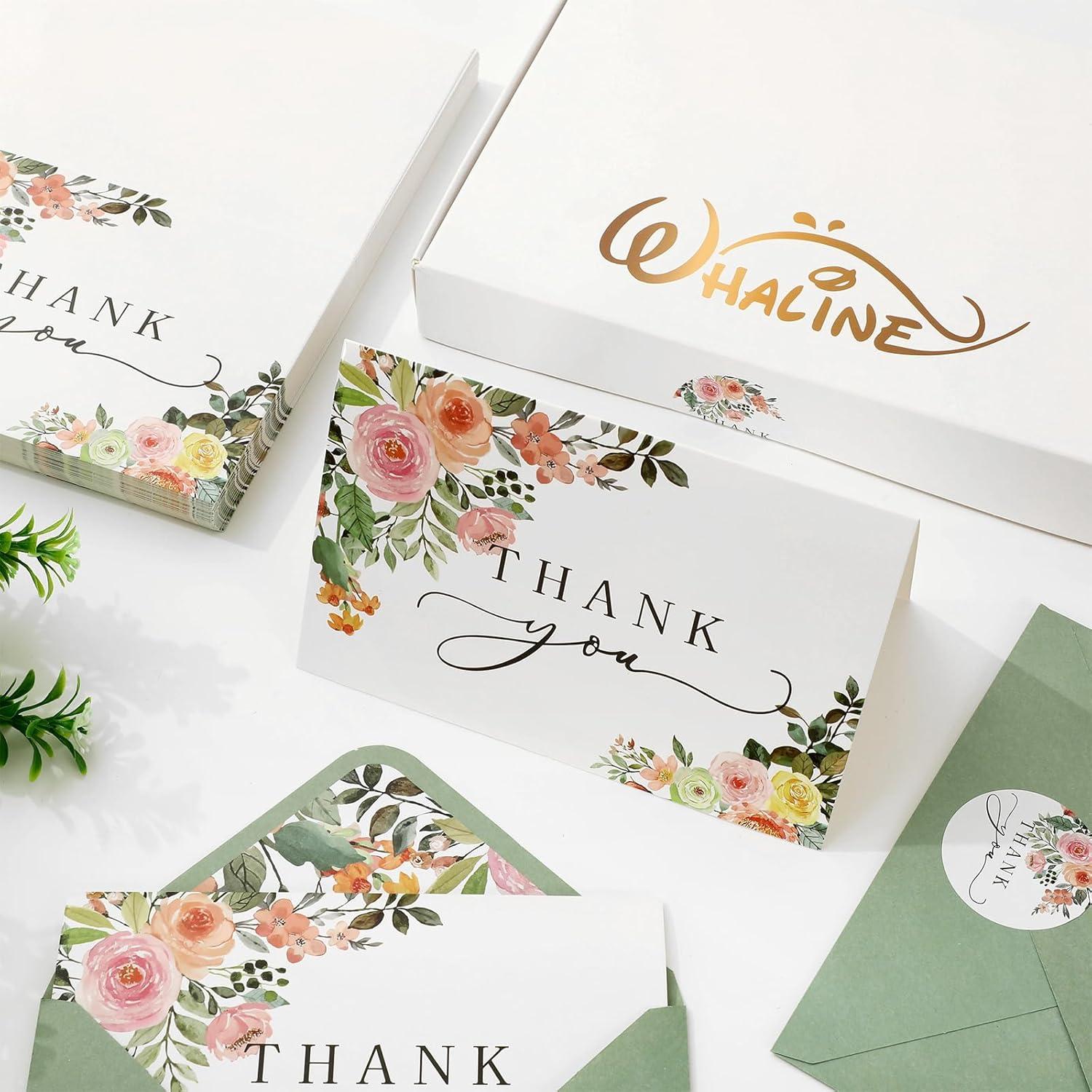 imageWhaline 50 Pack Boho Floral Thank You Cards Boxed Retro Flower Note Cards with Envelopes Stickers Fall Blank Card for Thanksgiving Bridal Shower Baby Shower Wedding Supplies 4 x 6 InchWatercolor Floral