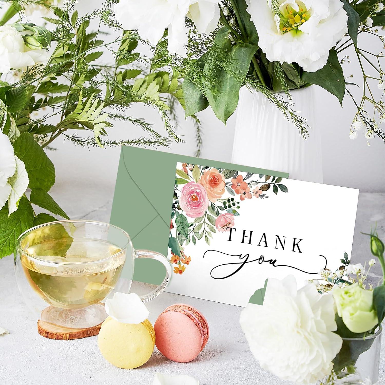 imageWhaline 50 Pack Boho Floral Thank You Cards Boxed Retro Flower Note Cards with Envelopes Stickers Fall Blank Card for Thanksgiving Bridal Shower Baby Shower Wedding Supplies 4 x 6 InchWatercolor Floral