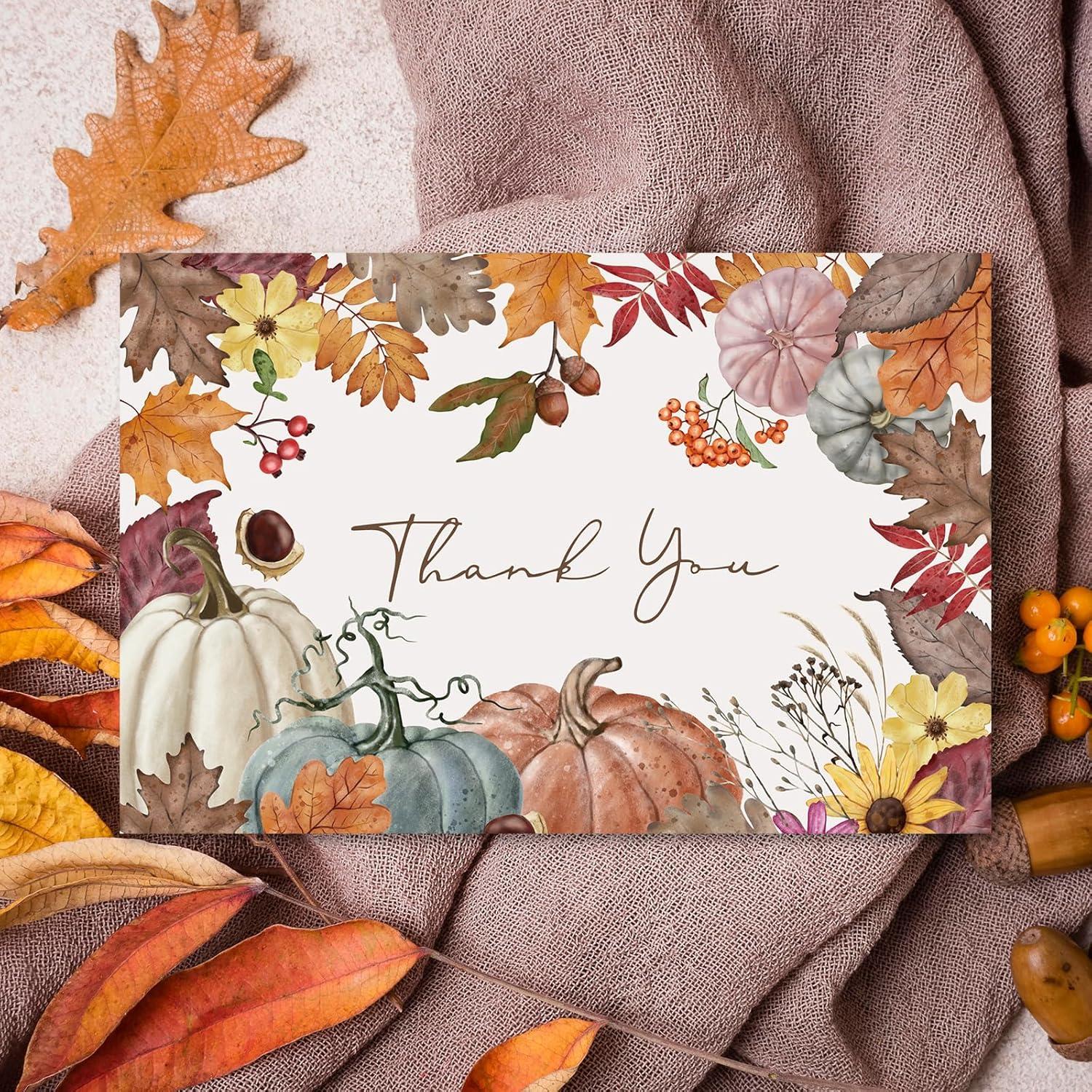 imageWhaline 50 Pack Boho Floral Thank You Cards Boxed Retro Flower Note Cards with Envelopes Stickers Fall Blank Card for Thanksgiving Bridal Shower Baby Shower Wedding Supplies 4 x 6 InchPumpkin Maple Leave