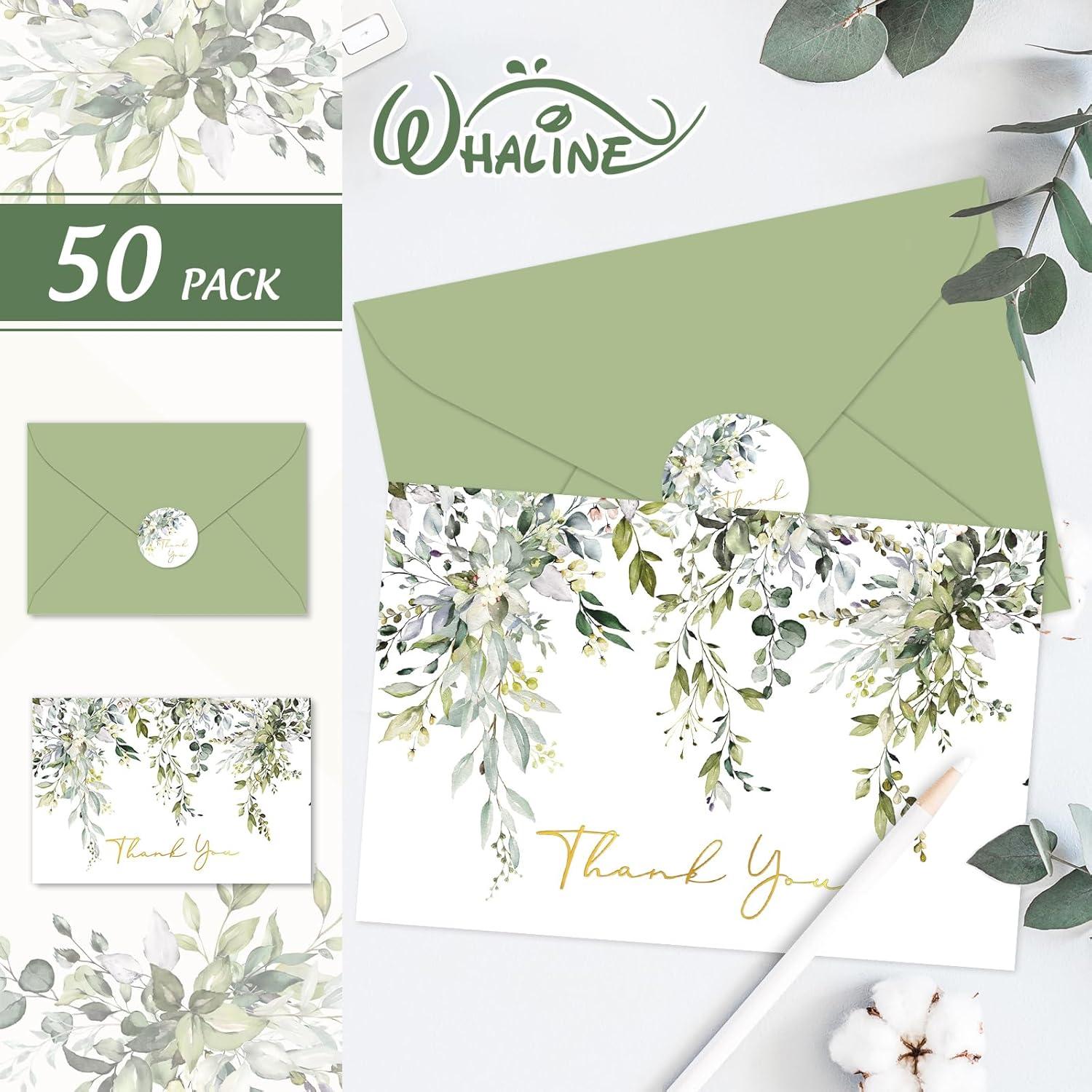 imageWhaline 50 Pack Boho Floral Thank You Cards Boxed Retro Flower Note Cards with Envelopes Stickers Fall Blank Card for Thanksgiving Bridal Shower Baby Shower Wedding Supplies 4 x 6 InchGreenery