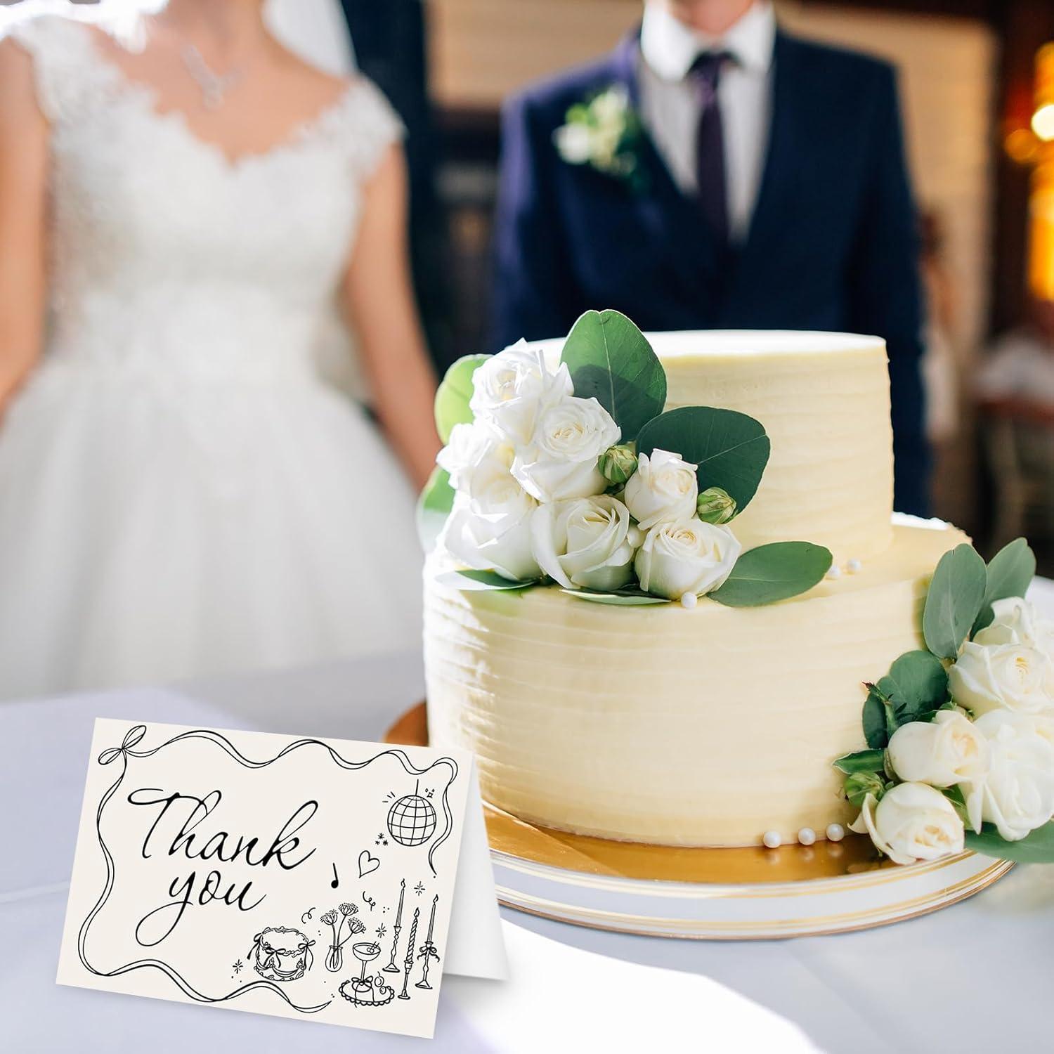 imageWhaline 50 Pack Boho Floral Thank You Cards Boxed Retro Flower Note Cards with Envelopes Stickers Fall Blank Card for Thanksgiving Bridal Shower Baby Shower Wedding Supplies 4 x 6 InchBow Cake