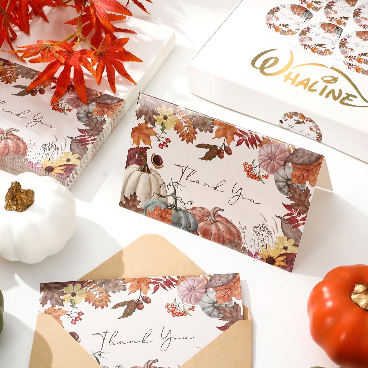 imageWhaline 50 Pack Boho Floral Thank You Cards Boxed Retro Flower Note Cards with Envelopes Stickers Fall Blank Card for Thanksgiving Bridal Shower Baby Shower Wedding Supplies 4 x 6 InchPumpkin Maple Leave