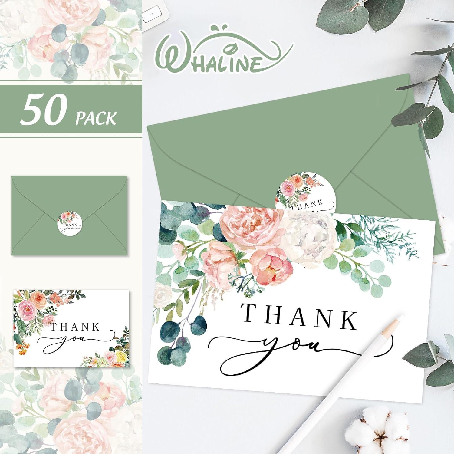 imageWhaline 50 Pack Boho Floral Thank You Cards Boxed Retro Flower Note Cards with Envelopes Stickers Fall Blank Card for Thanksgiving Bridal Shower Baby Shower Wedding Supplies 4 x 6 InchWatercolor Floral