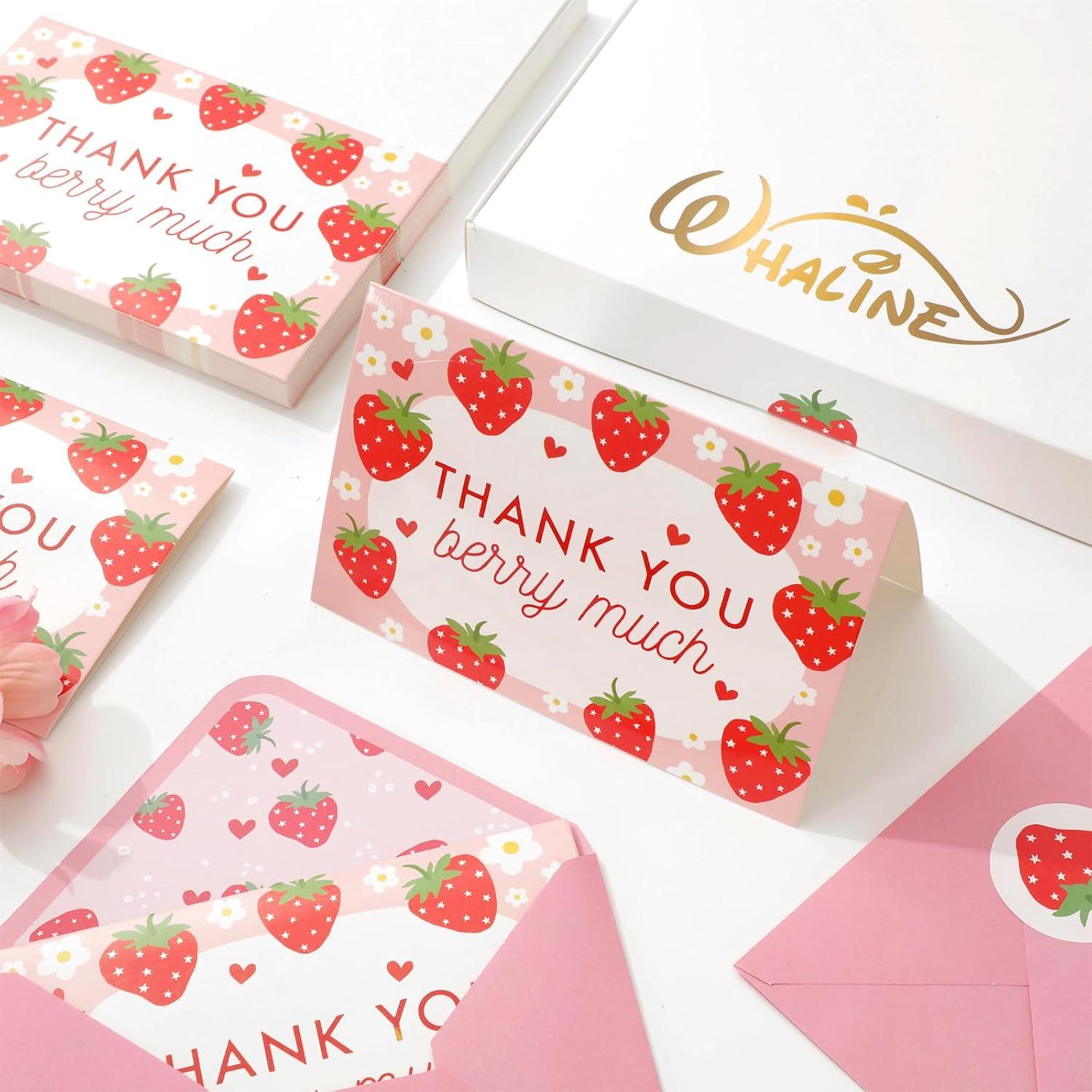 imageWhaline 50 Pack Boho Floral Thank You Cards Boxed Retro Flower Note Cards with Envelopes Stickers Fall Blank Card for Thanksgiving Bridal Shower Baby Shower Wedding Supplies 4 x 6 InchStrawberry