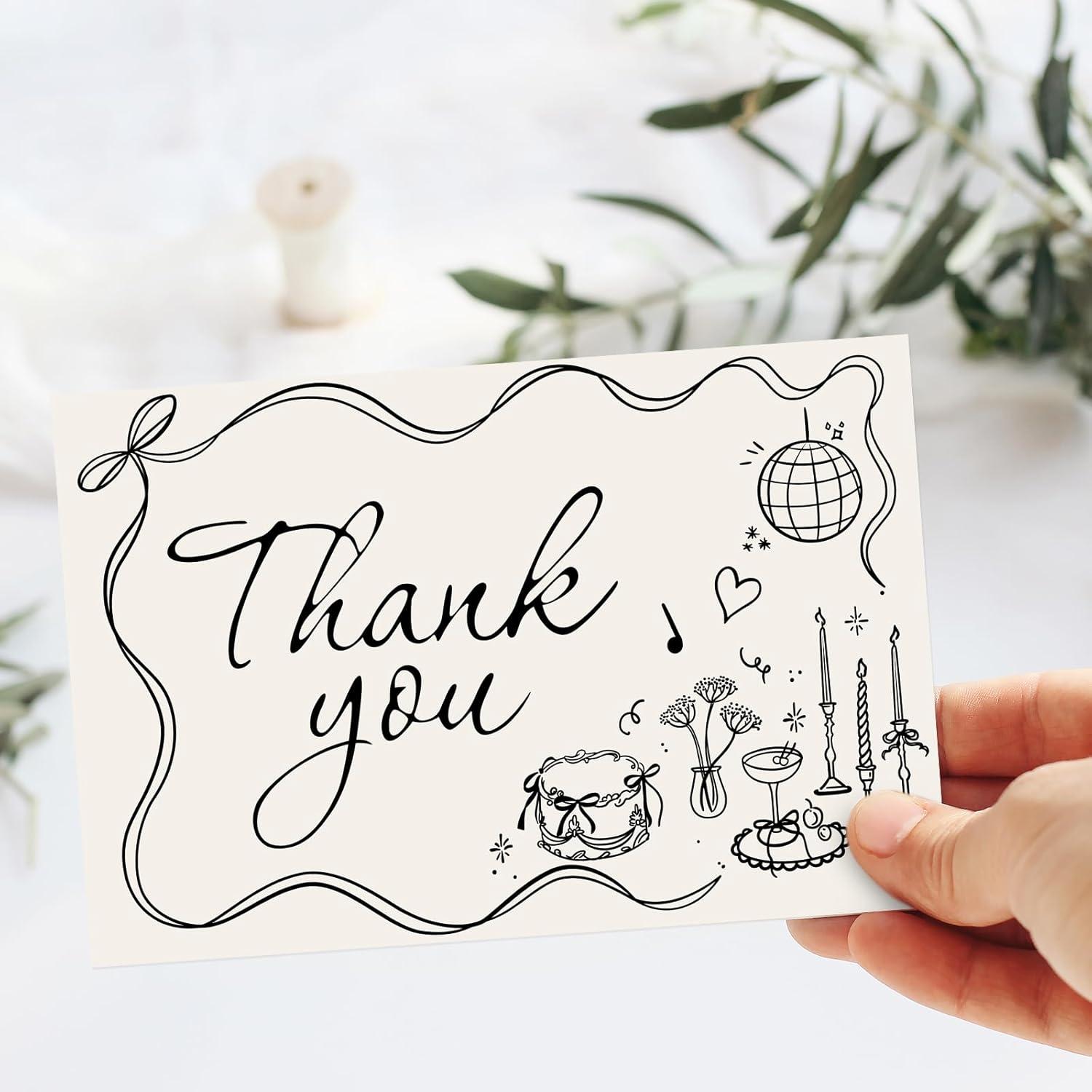 imageWhaline 50 Pack Boho Floral Thank You Cards Boxed Retro Flower Note Cards with Envelopes Stickers Fall Blank Card for Thanksgiving Bridal Shower Baby Shower Wedding Supplies 4 x 6 InchBow Cake