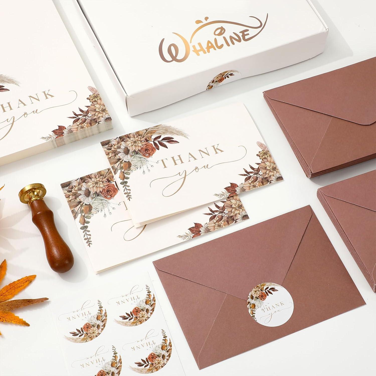 imageWhaline 50 Pack Boho Floral Thank You Cards Boxed Retro Flower Note Cards with Envelopes Stickers Fall Blank Card for Thanksgiving Bridal Shower Baby Shower Wedding Supplies 4 x 6 InchBoho Floral