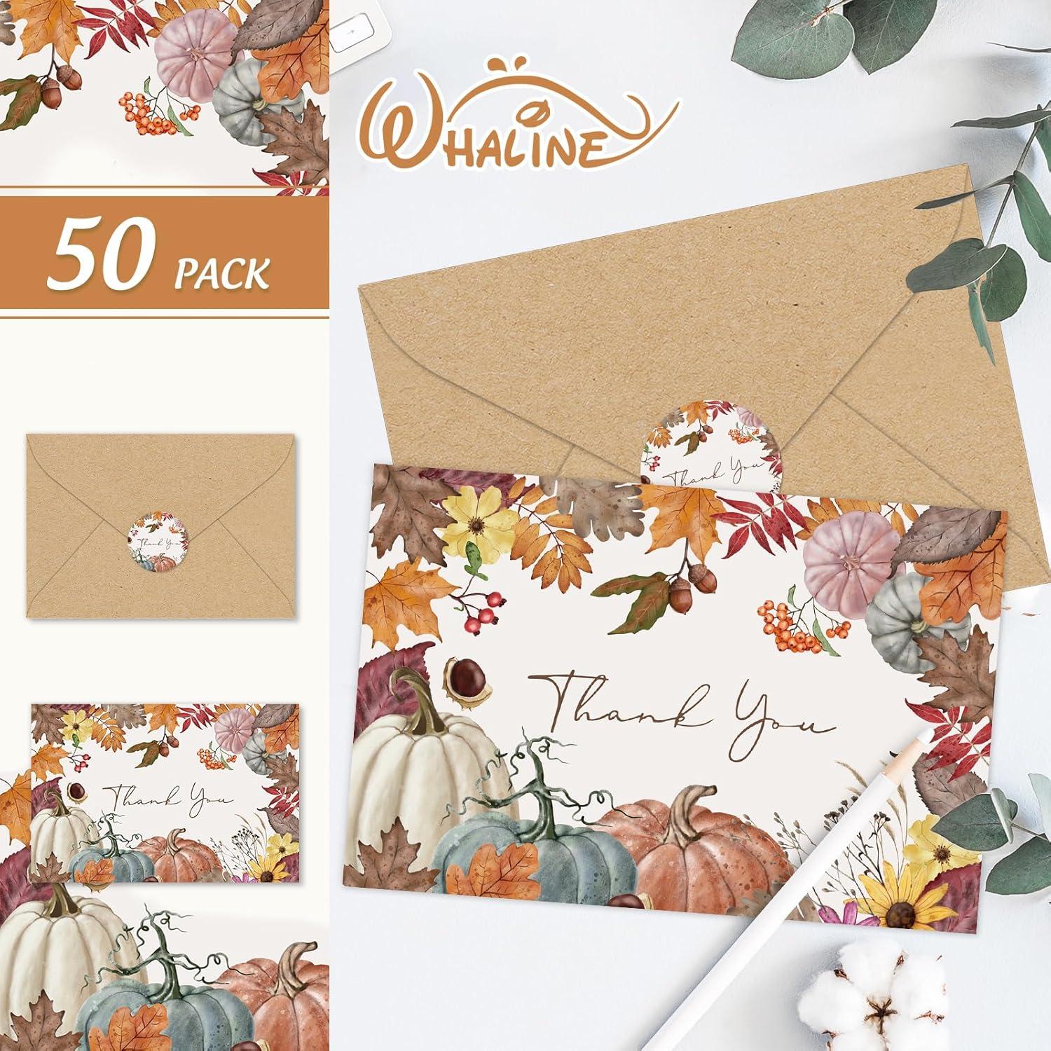 imageWhaline 50 Pack Boho Floral Thank You Cards Boxed Retro Flower Note Cards with Envelopes Stickers Fall Blank Card for Thanksgiving Bridal Shower Baby Shower Wedding Supplies 4 x 6 InchPumpkin Maple Leave