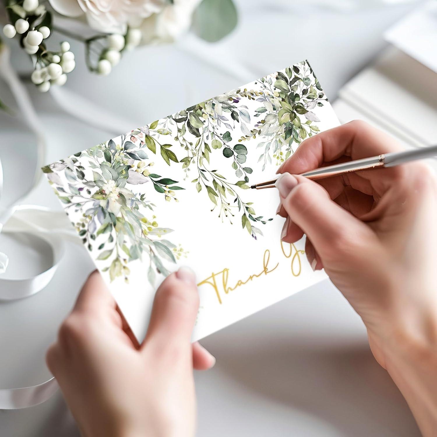 imageWhaline 50 Pack Boho Floral Thank You Cards Boxed Retro Flower Note Cards with Envelopes Stickers Fall Blank Card for Thanksgiving Bridal Shower Baby Shower Wedding Supplies 4 x 6 InchGreenery