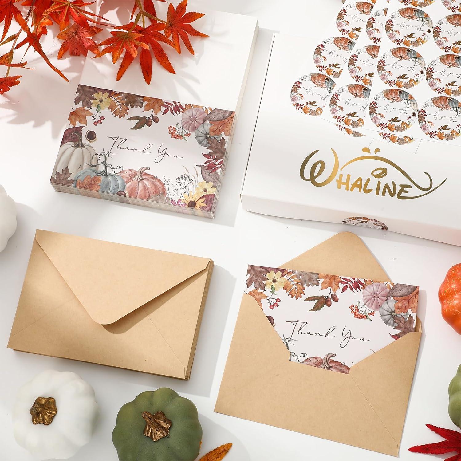 imageWhaline 50 Pack Boho Floral Thank You Cards Boxed Retro Flower Note Cards with Envelopes Stickers Fall Blank Card for Thanksgiving Bridal Shower Baby Shower Wedding Supplies 4 x 6 InchPumpkin Maple Leave