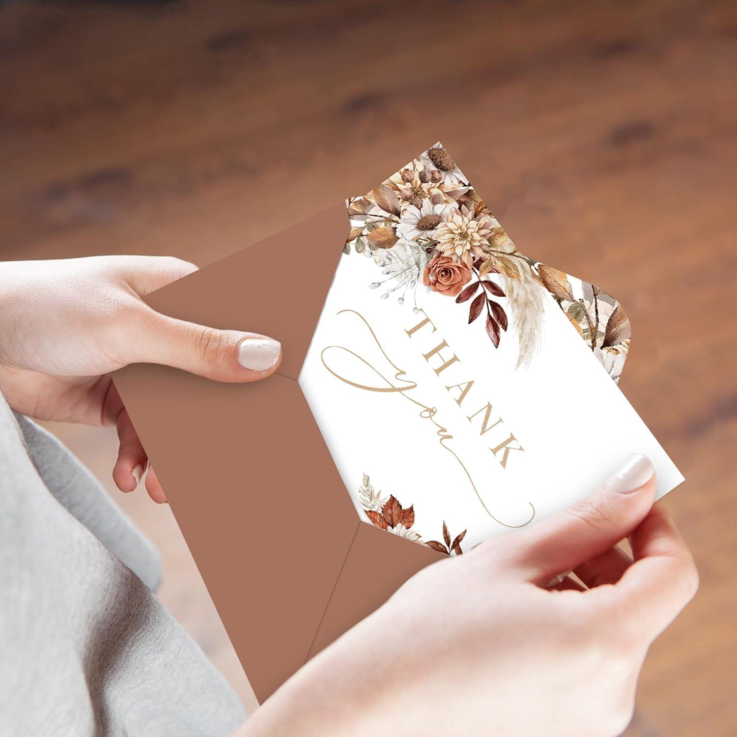 imageWhaline 50 Pack Boho Floral Thank You Cards Boxed Retro Flower Note Cards with Envelopes Stickers Fall Blank Card for Thanksgiving Bridal Shower Baby Shower Wedding Supplies 4 x 6 InchBoho Floral