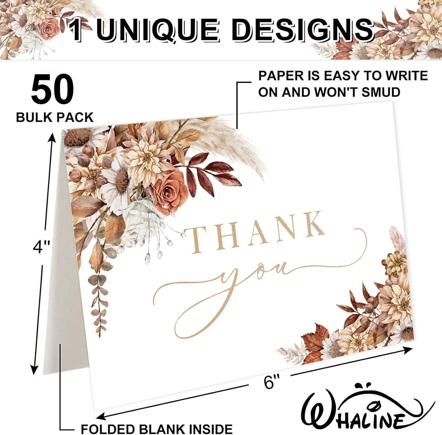 imageWhaline 50 Pack Boho Floral Thank You Cards Boxed Retro Flower Note Cards with Envelopes Stickers Fall Blank Card for Thanksgiving Bridal Shower Baby Shower Wedding Supplies 4 x 6 InchBoho Floral