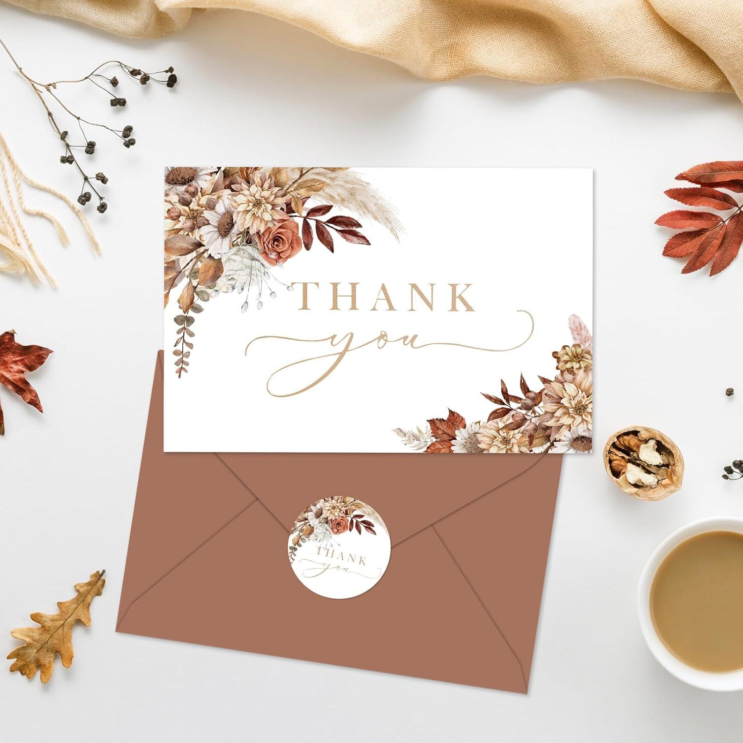 imageWhaline 50 Pack Boho Floral Thank You Cards Boxed Retro Flower Note Cards with Envelopes Stickers Fall Blank Card for Thanksgiving Bridal Shower Baby Shower Wedding Supplies 4 x 6 InchBoho Floral