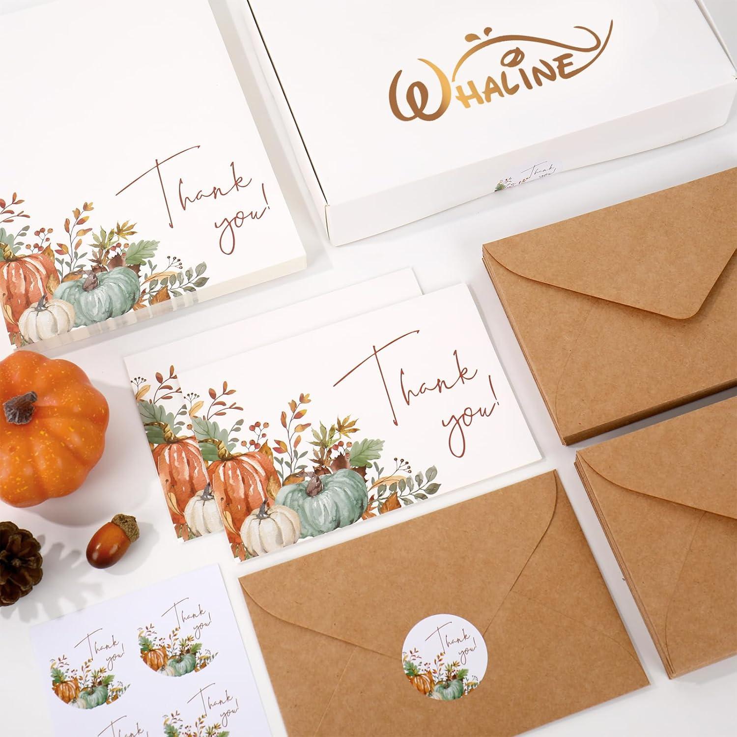 imageWhaline 50 Pack Fall Thank You Cards Bulk Boxed Watercolor Autumn Leaves Pumpkin Thank You Note Cards with Kraft Envelopes Sticker Thanksgiving Blank Greeting Card for Wedding Baby ShowerPumpkin