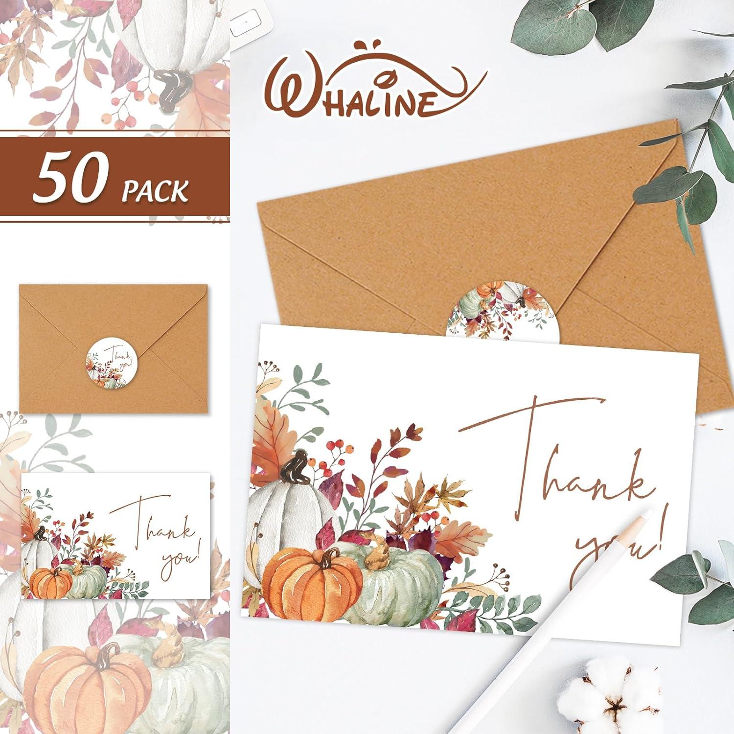 imageWhaline 50 Pack Fall Thank You Cards Bulk Boxed Watercolor Autumn Leaves Pumpkin Thank You Note Cards with Kraft Envelopes Sticker Thanksgiving Blank Greeting Card for Wedding Baby ShowerAutumn Leaves Pumpkin